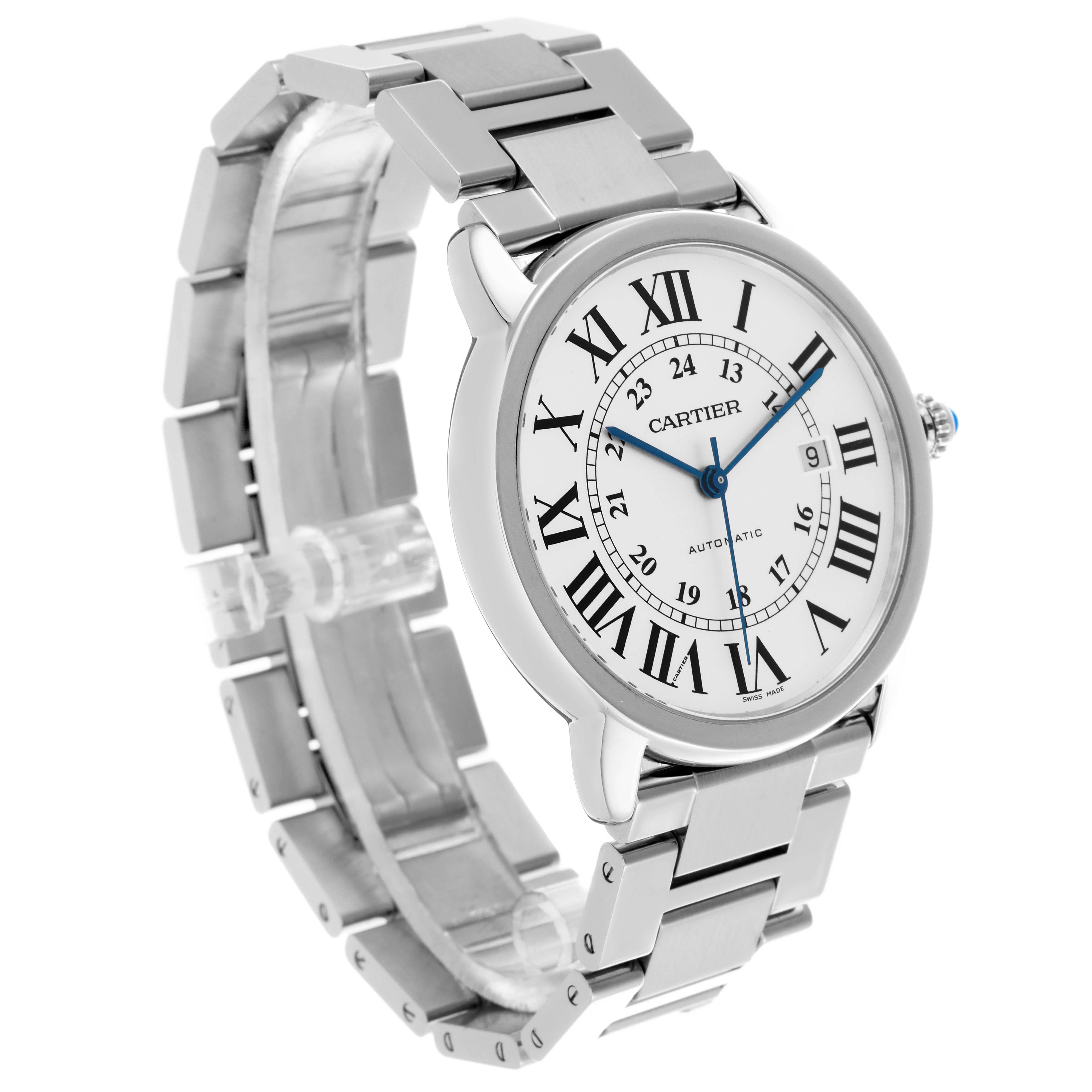 The Cartier Ronde W6701011 Men's Stainless Steel Silver Dial W6701011 Men's Stainless Steel Silver Dial watch is shown in a three-quarter view, displaying the face, bezel, and bracelet.