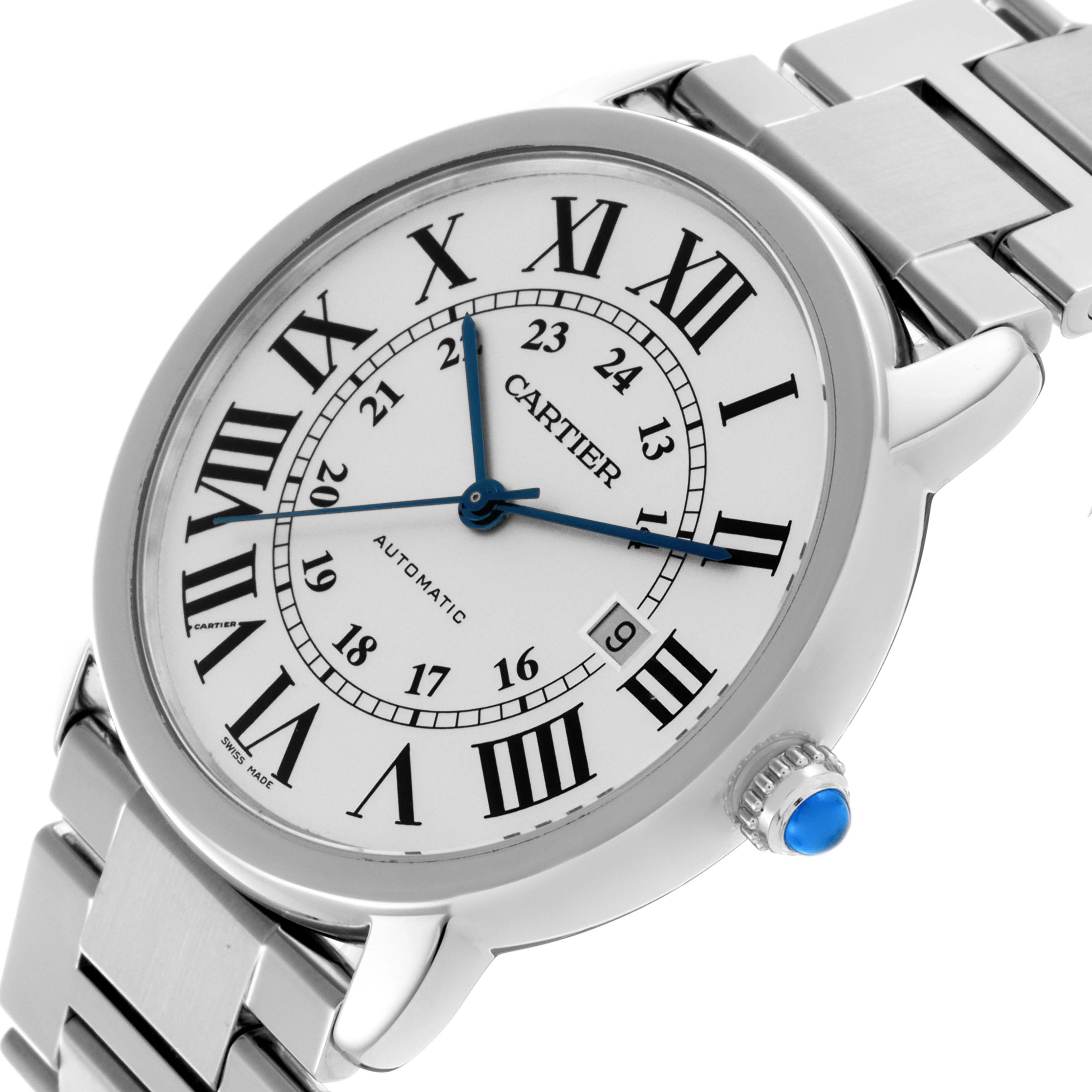 The Cartier Ronde W6701011 Men's Stainless Steel Silver Dial W6701011 Men's Stainless Steel Silver Dial watch is shown at a slight angle, highlighting the face, bezel, crown, and part of the bracelet.