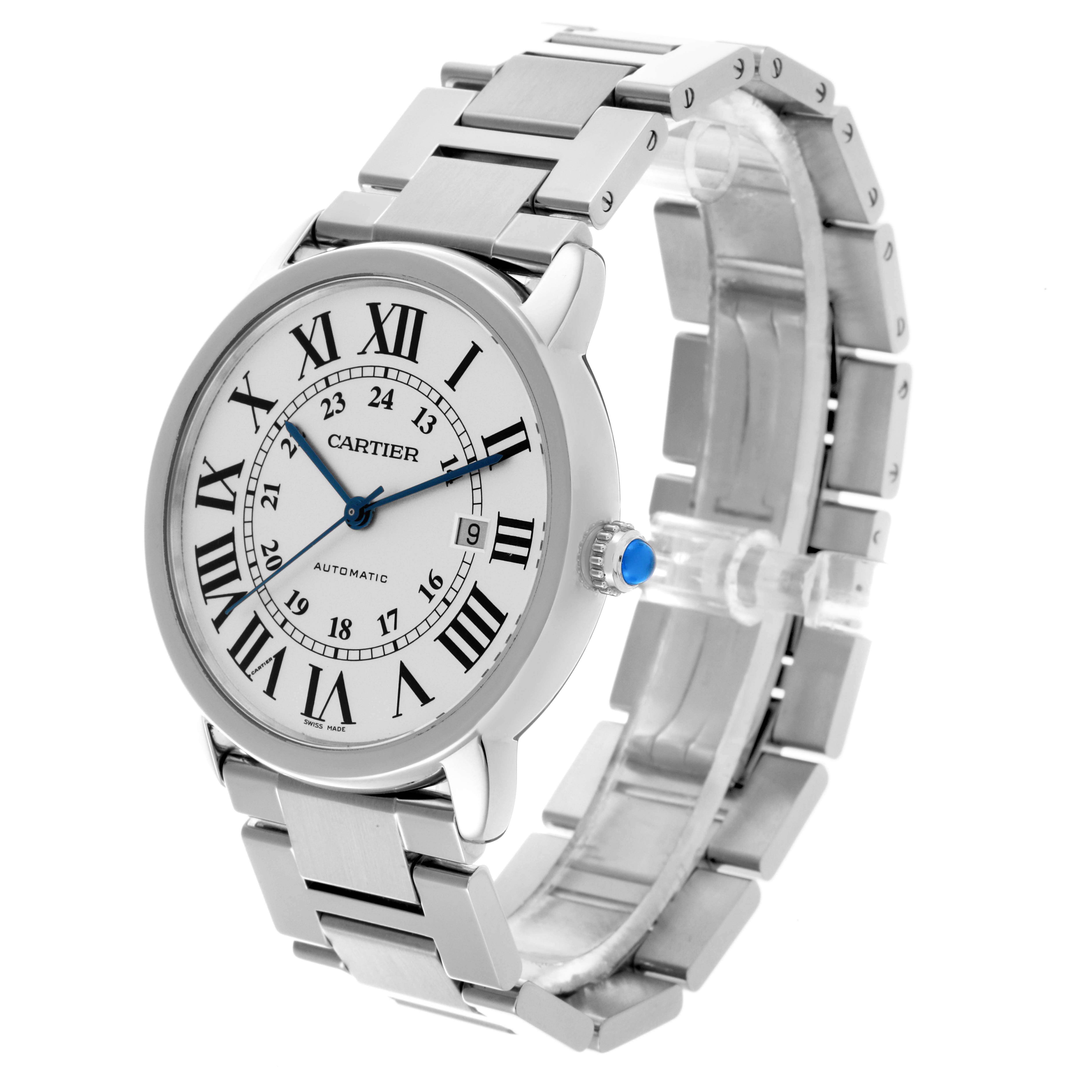 The Cartier Ronde W6701011 Men's Stainless Steel Silver Dial W6701011 Men's Stainless Steel Silver Dial watch is shown at a three-quarter angle, displaying the face, bezel, crown, and metal strap.