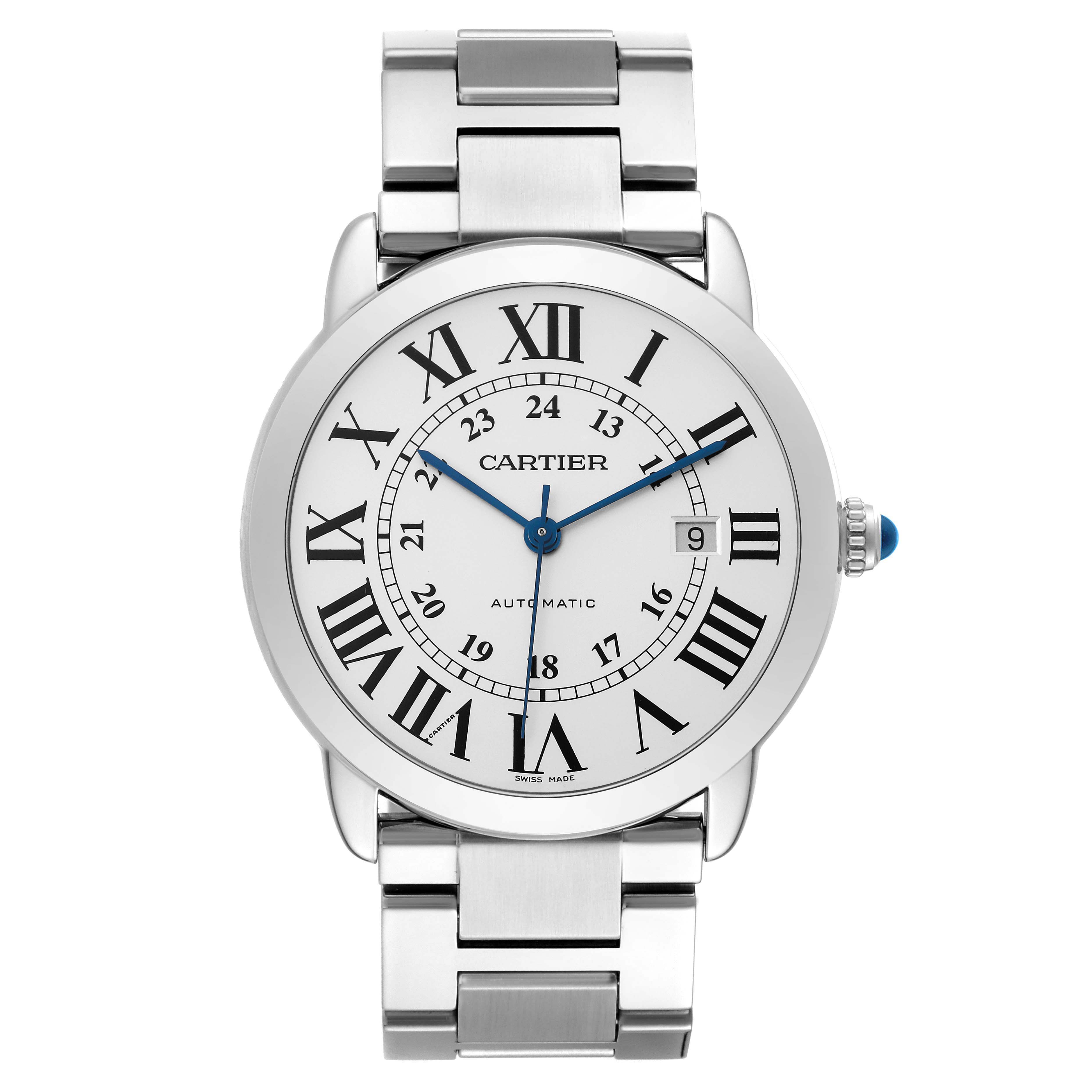 The Cartier Ronde W6701011 Men's Stainless Steel Silver Dial W6701011 Men's Stainless Steel Silver Dial watch is shown from the front, displaying its face, bezel, and metal bracelet.