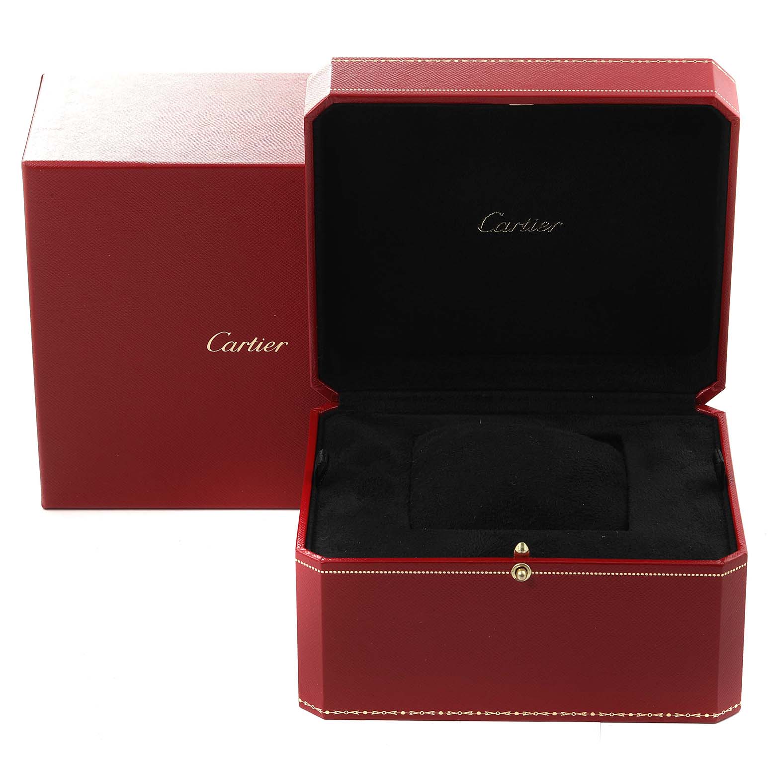 The image shows the open red box for a Cartier Ronde W6701011 Men
s Stainless Steel Silver Dial W6701011 Men
s Stainless Steel Silver Dial model watch, oriented to display the interior.