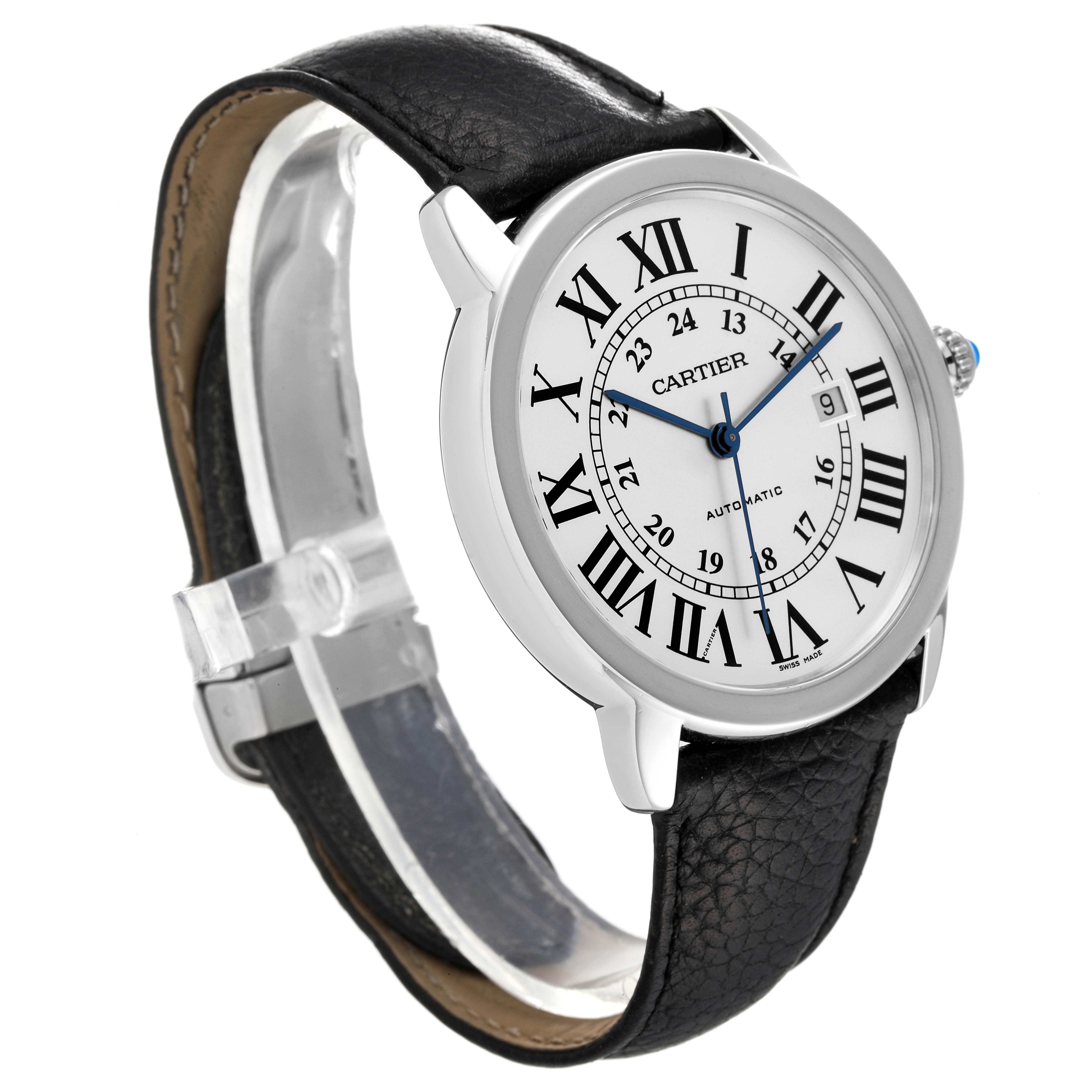 This image shows a Cartier Ronde W6701011 Men
s Stainless Steel Silver Dial W6701011 Men
s Stainless Steel Silver Dial watch viewed from a front-left angle, displaying the face, dial, and partially the black leather strap.