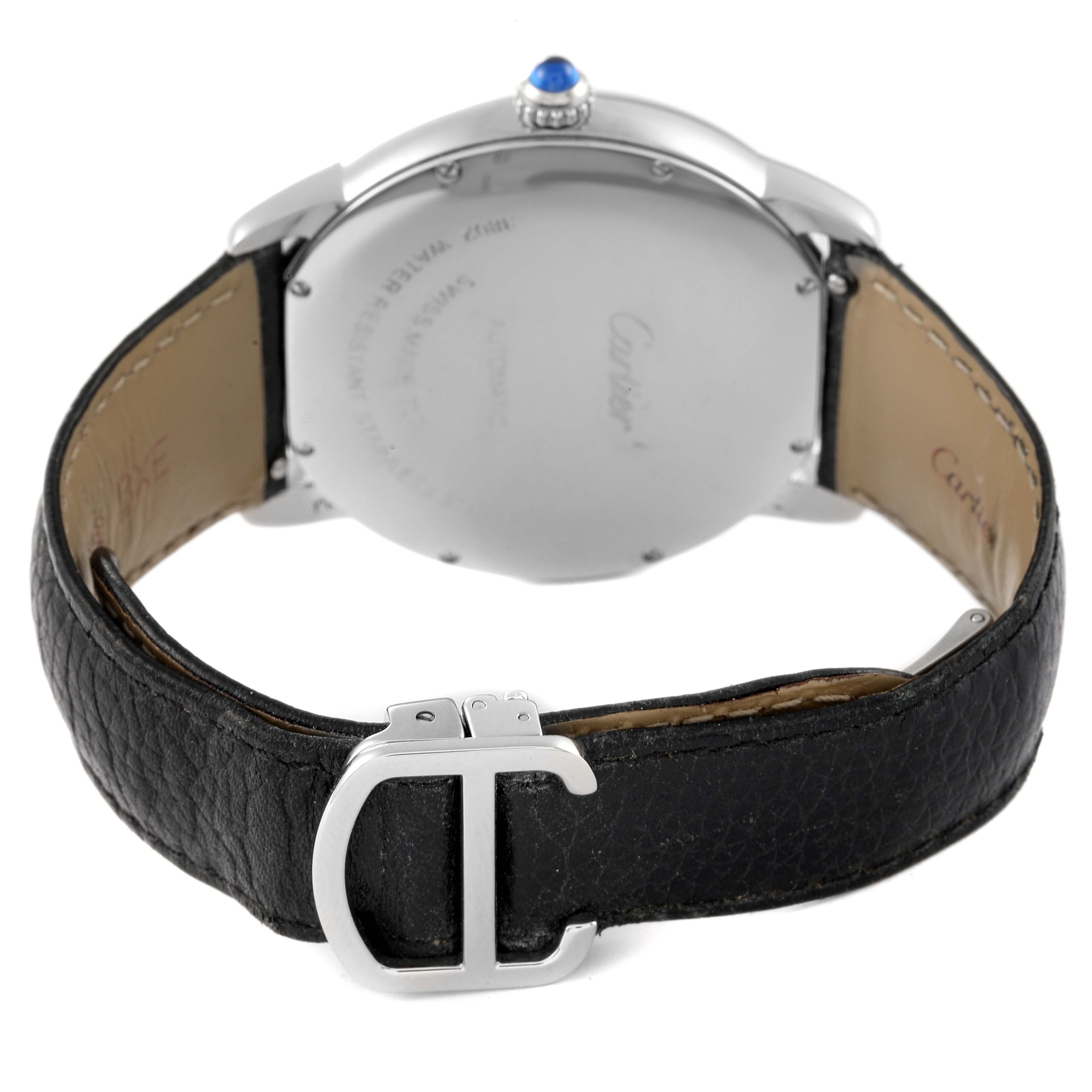 The image shows the back view of a Cartier Ronde W6701011 Men
s Stainless Steel Silver Dial W6701011 Men
s Stainless Steel Silver Dial watch, highlighting the leather strap and clasp.