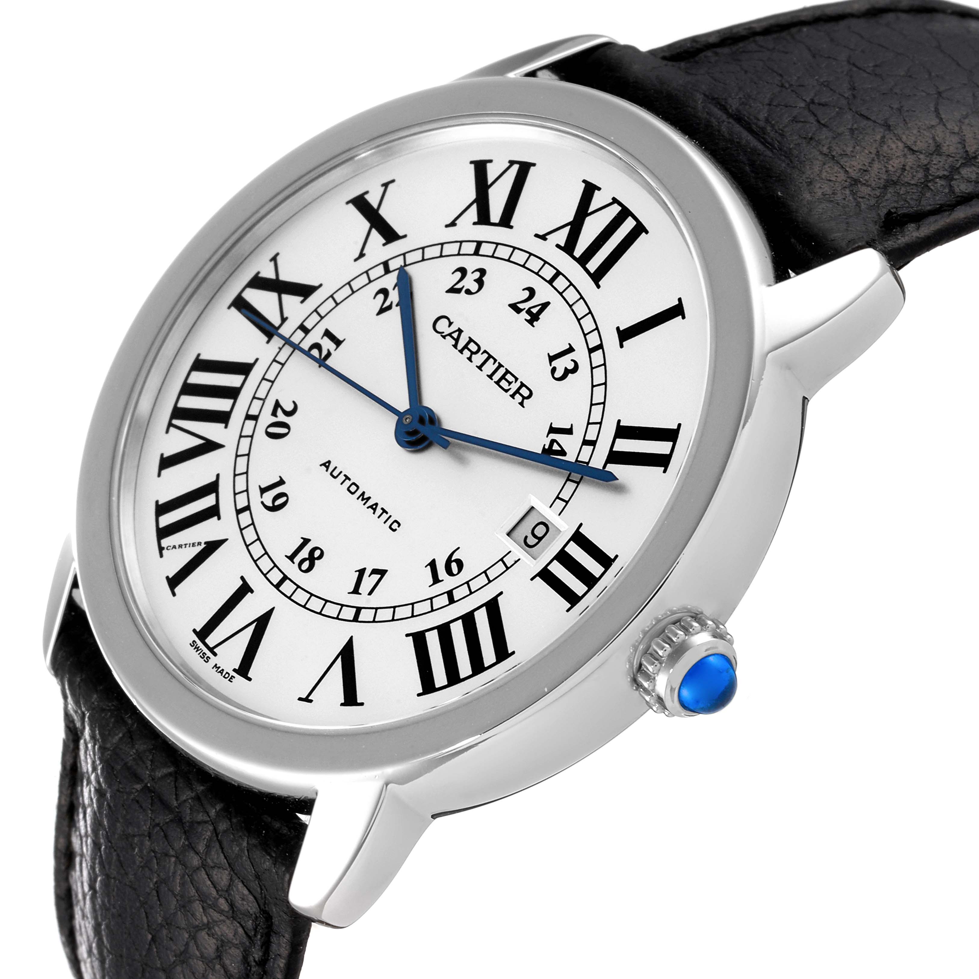 The Ronde model by Cartier is shown at a slight angle, displaying the face, crown, and part of the leather strap.