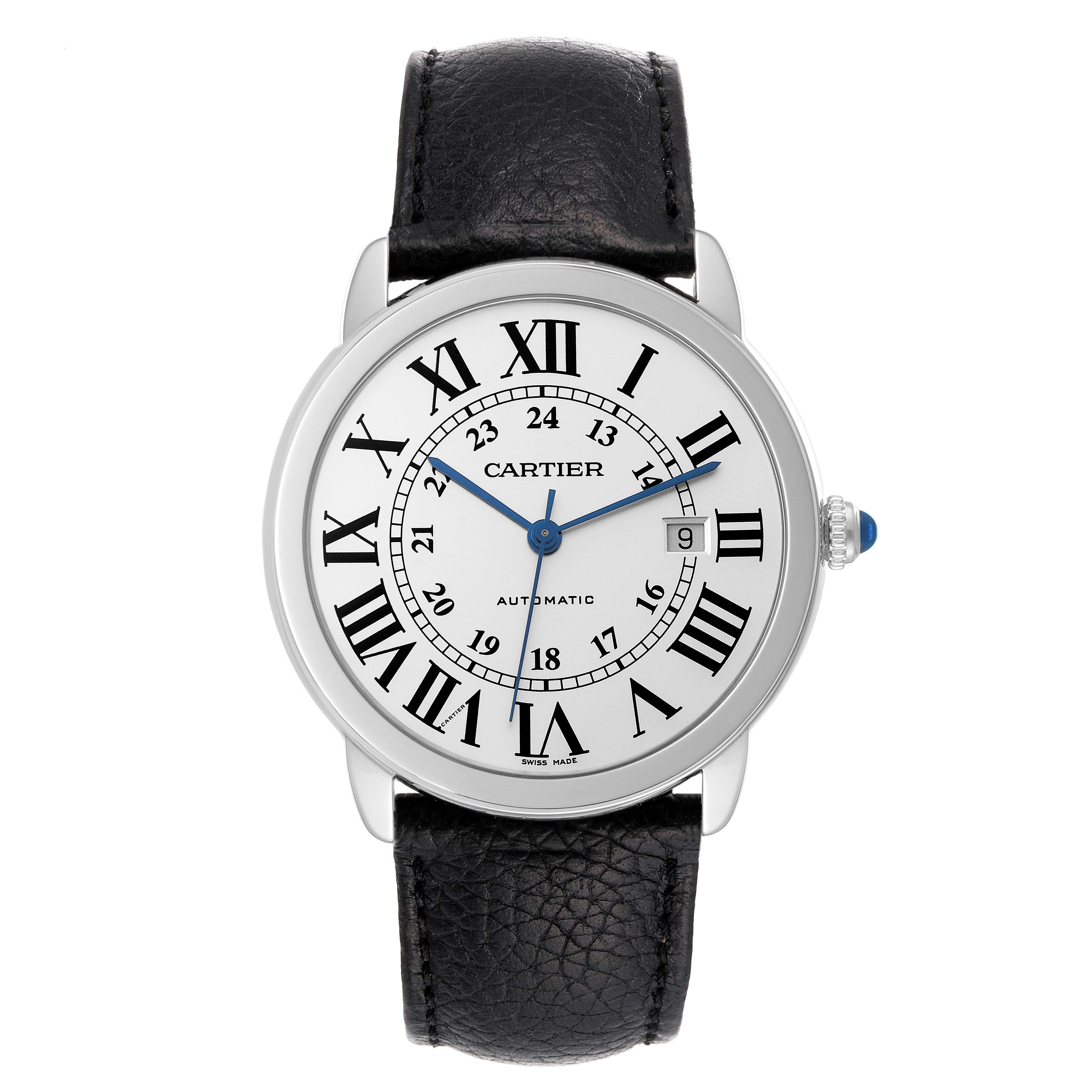 The image shows a frontal view of the Cartier Ronde W6701011 Men
s Stainless Steel Silver Dial W6701011 Men
s Stainless Steel Silver Dial watch, displaying its dial, Roman numerals, date window, and black leather strap.