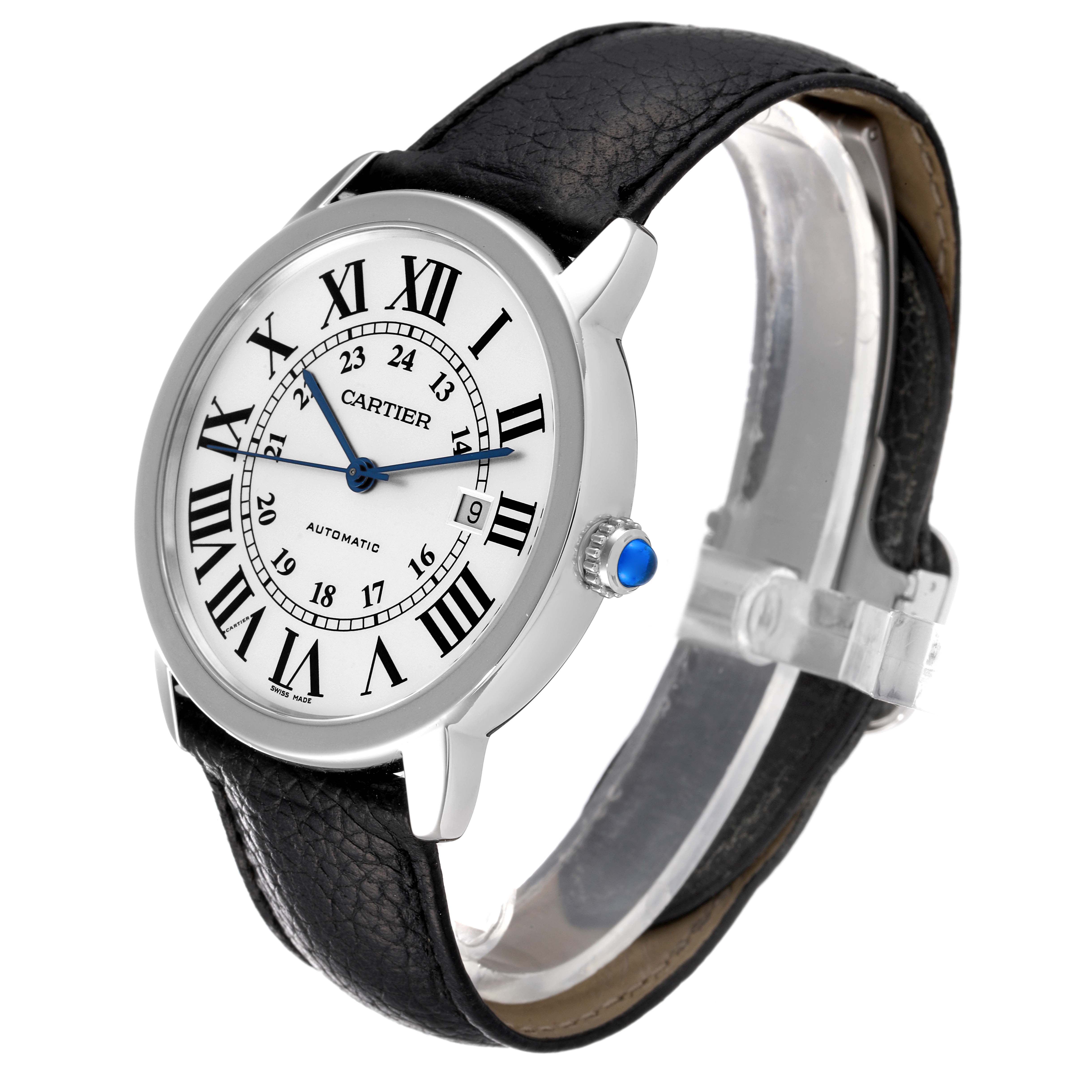 The Cartier Ronde W6701011 Men
s Stainless Steel Silver Dial W6701011 Men
s Stainless Steel Silver Dial watch is shown at an angle displaying the face, bezel, crown, and part of the leather strap.