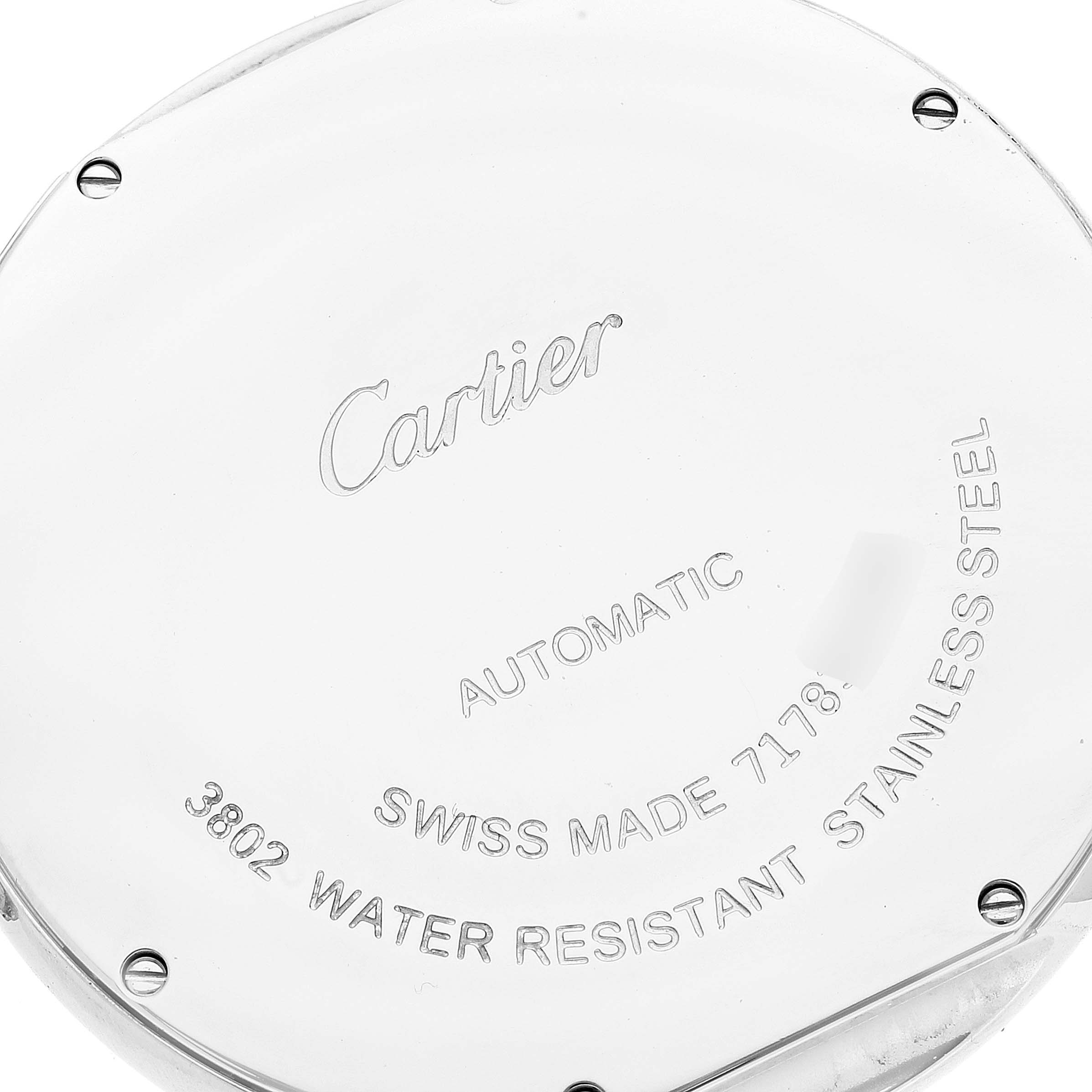 The image shows the back case of a Cartier Ronde W6701011 Men
s Stainless Steel Silver Dial W6701011 Men
s Stainless Steel Silver Dial watch, highlighting the text detailing its features.