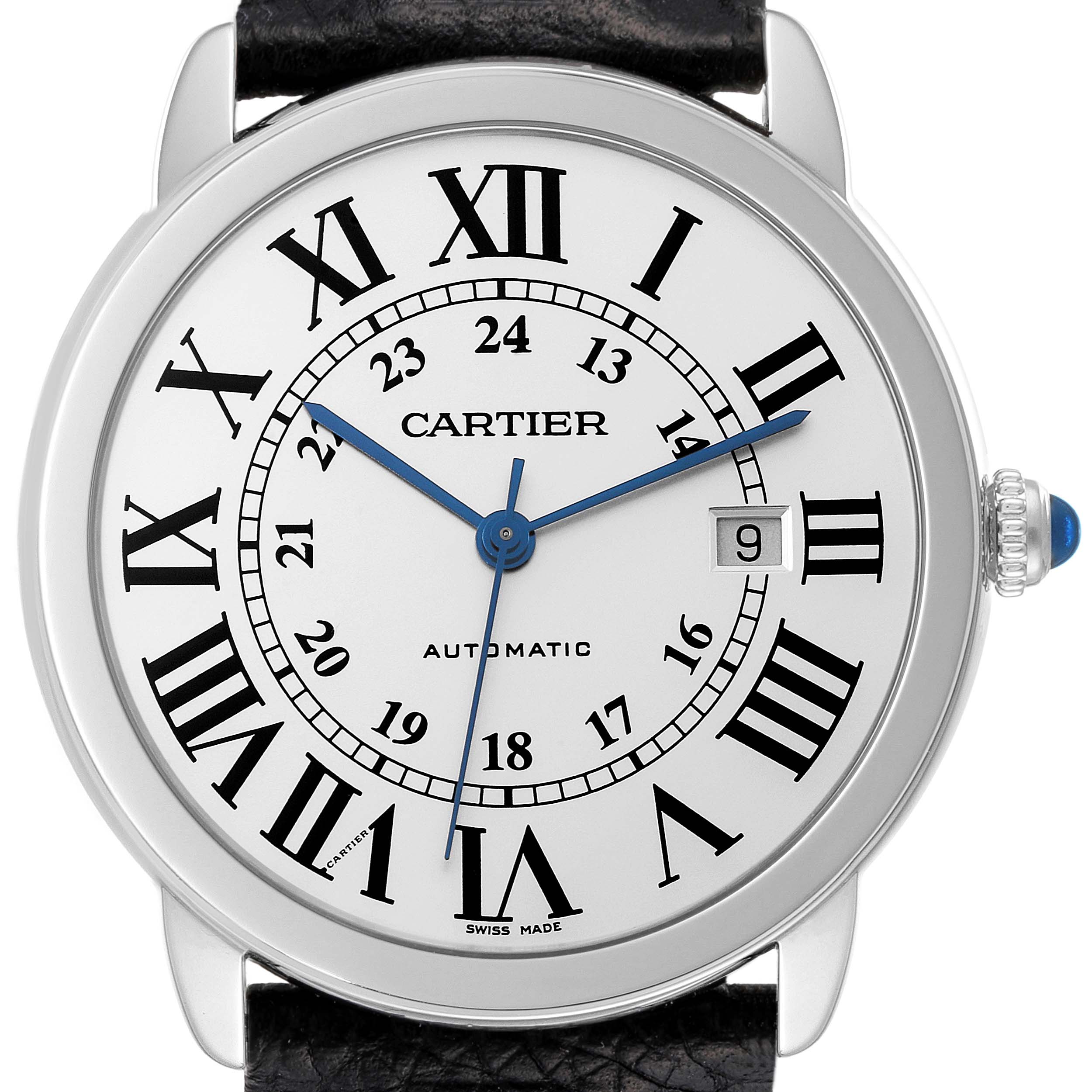 This image shows a close-up, front view of the Cartier Ronde W6701011 Men
s Stainless Steel Silver Dial W6701011 Men
s Stainless Steel Silver Dial watch, highlighting its dial, hands, roman numerals, and date window.