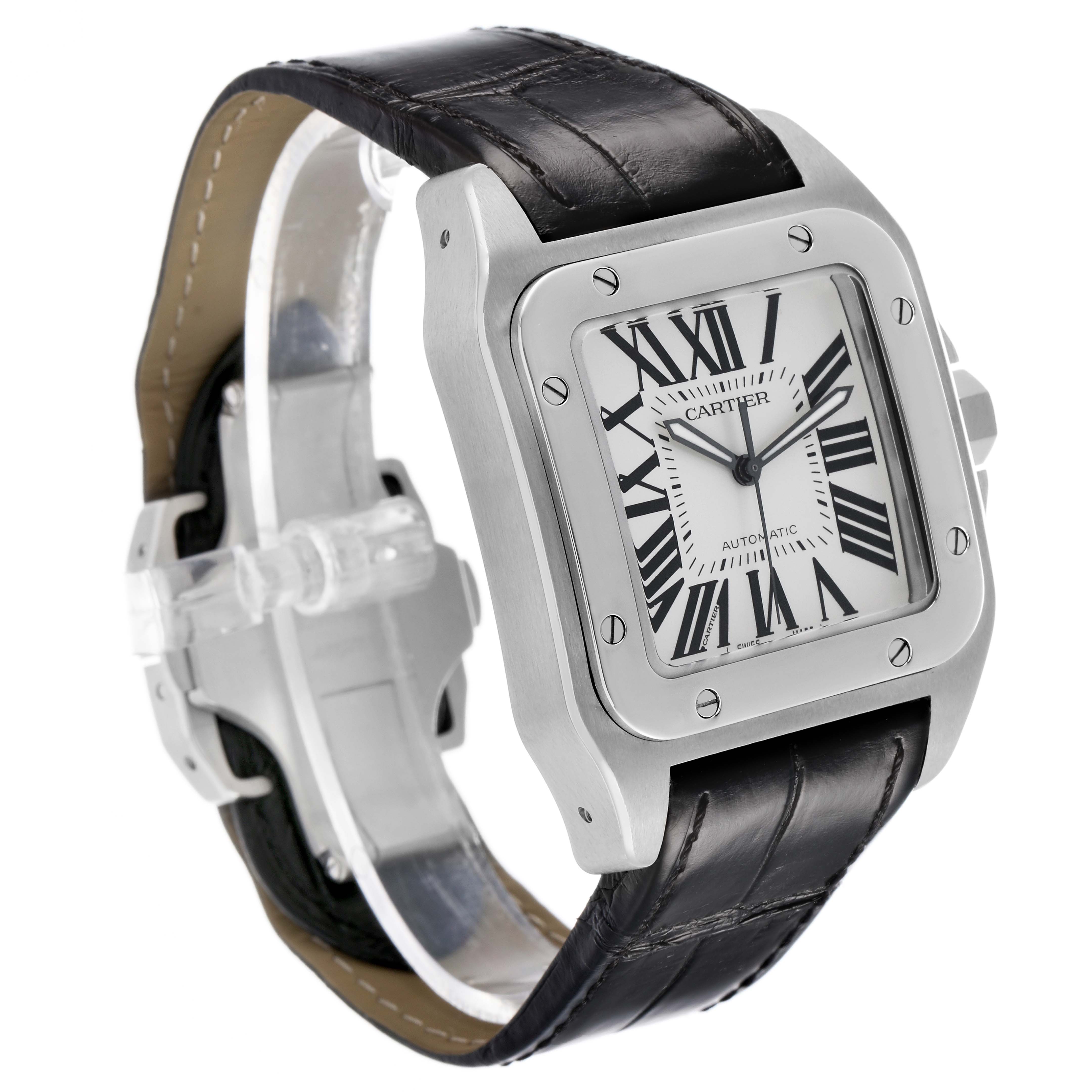 The Cartier Santos W20073X8 Men's Stainless Steel Silver Dial watch is shown at an angled side view, highlighting the face, bezel, and part of the leather strap.