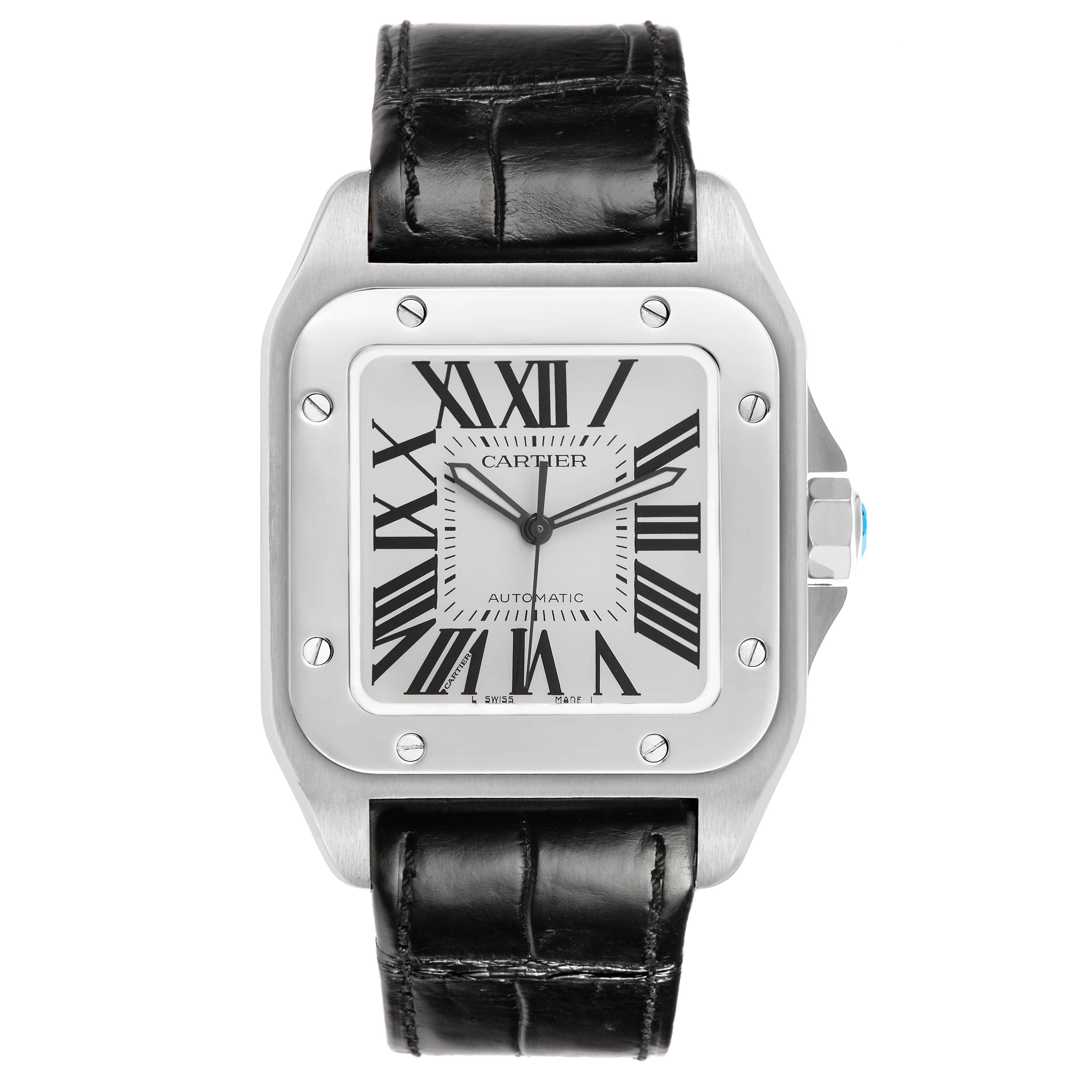 The Cartier Santos W20073X8 Men's Stainless Steel Silver Dial watch is shown from a front angle, displaying its face, bezel, and black leather strap.