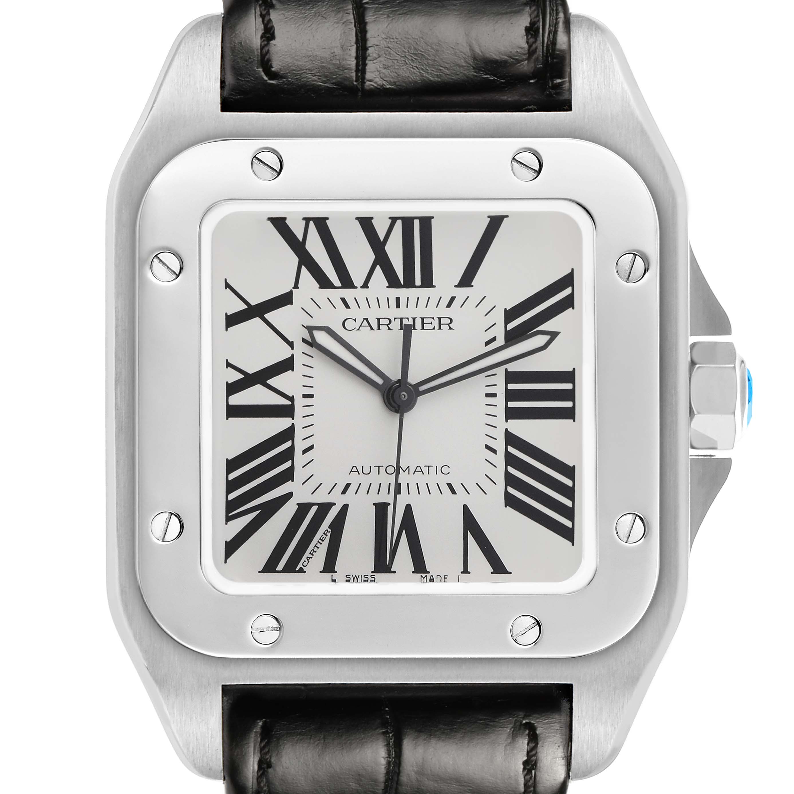 The image shows a frontal view of the Cartier Santos W20073X8 Men's Stainless Steel Silver Dial watch, highlighting its dial, bezel, and part of the leather strap.