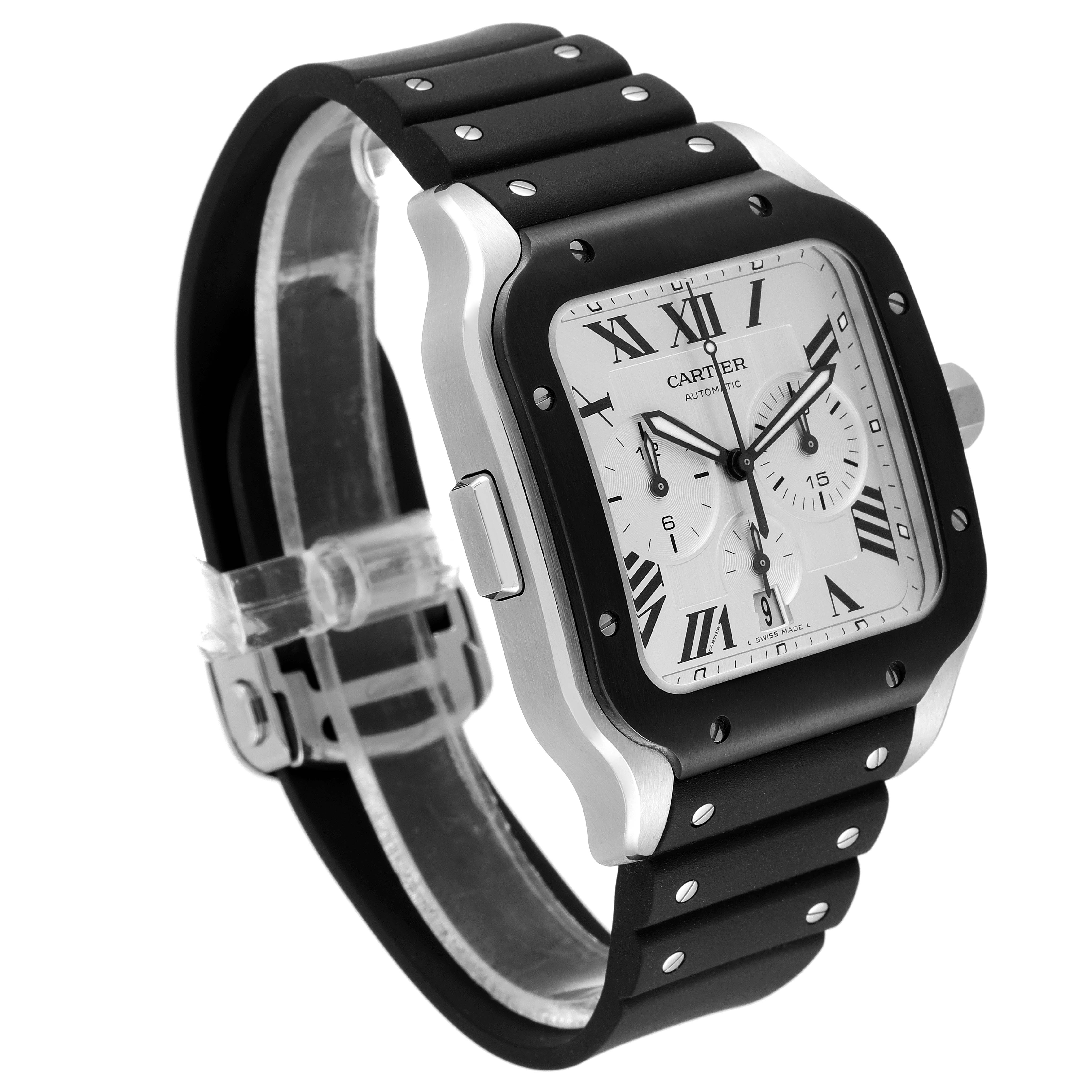 This image shows a Cartier Santos WSSA0017 Men's Stainless Steel Silver Dial WSSA0017 Men's Stainless Steel Silver Dial model watch from a side angle, highlighting the bezel, dial, and rubber strap.