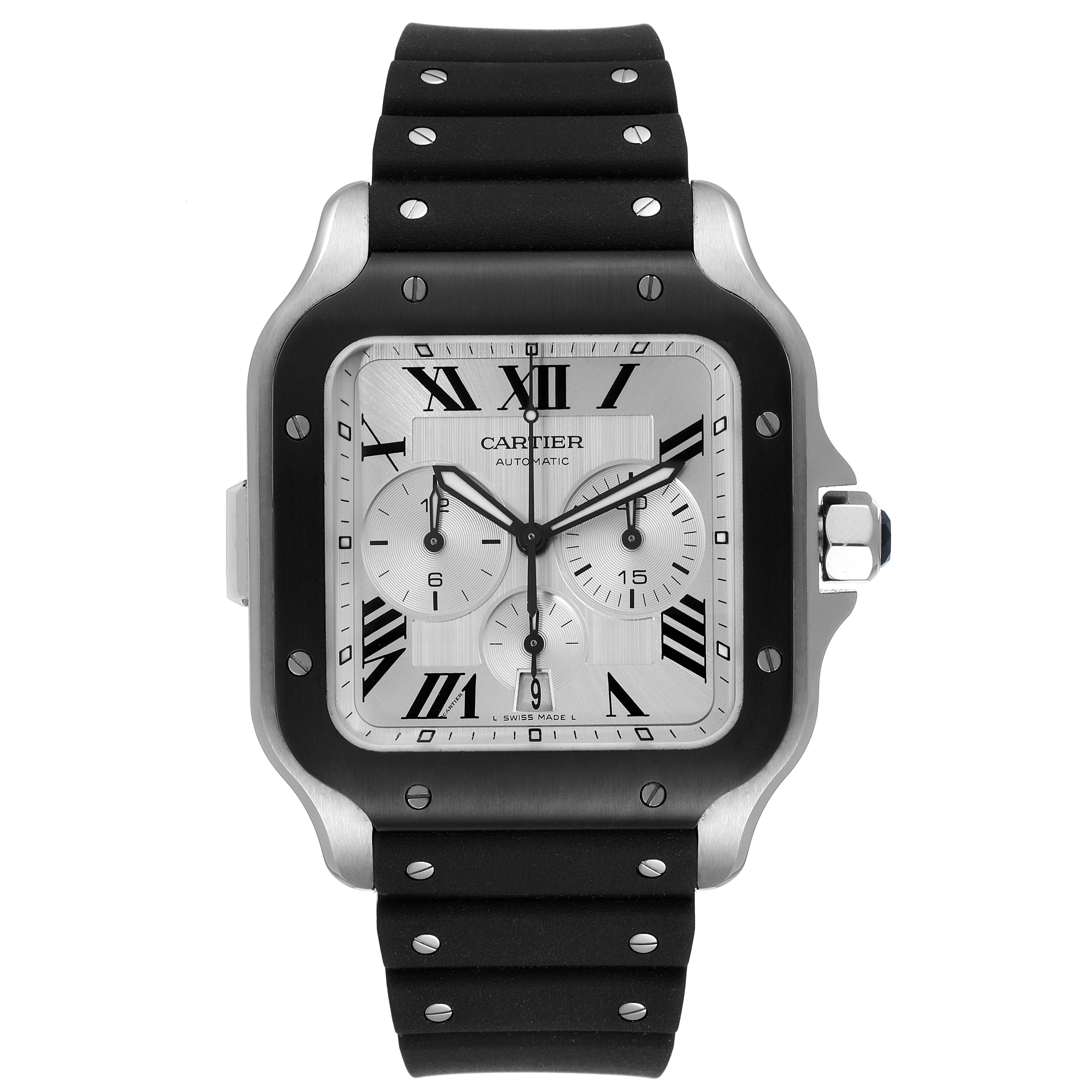 The image shows a front view of a Cartier Santos WSSA0017 Men's Stainless Steel Silver Dial WSSA0017 Men's Stainless Steel Silver Dial watch, featuring a stainless steel case and a black strap.