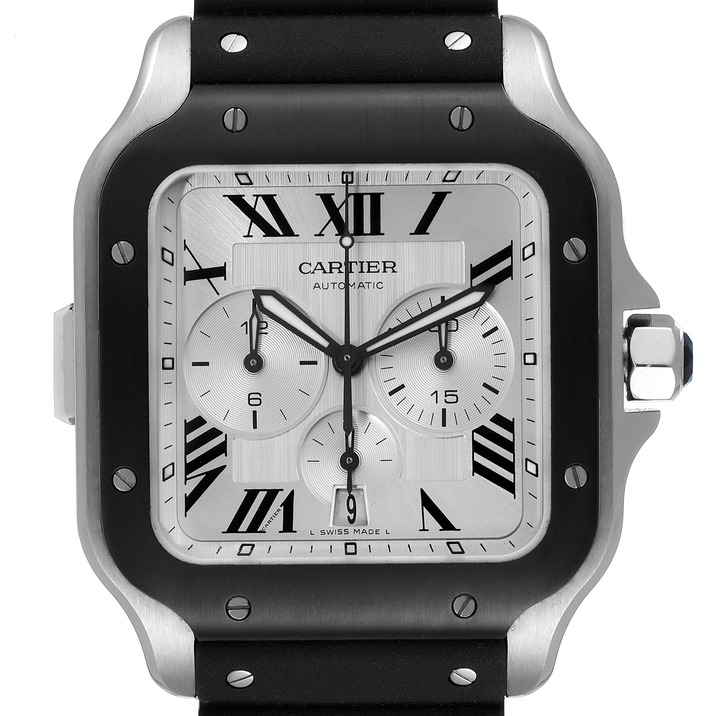 This image shows a close-up, front view of the Cartier Santos WSSA0017 Men's Stainless Steel Silver Dial WSSA0017 Men's Stainless Steel Silver Dial model watch, highlighting the dial and bezel.