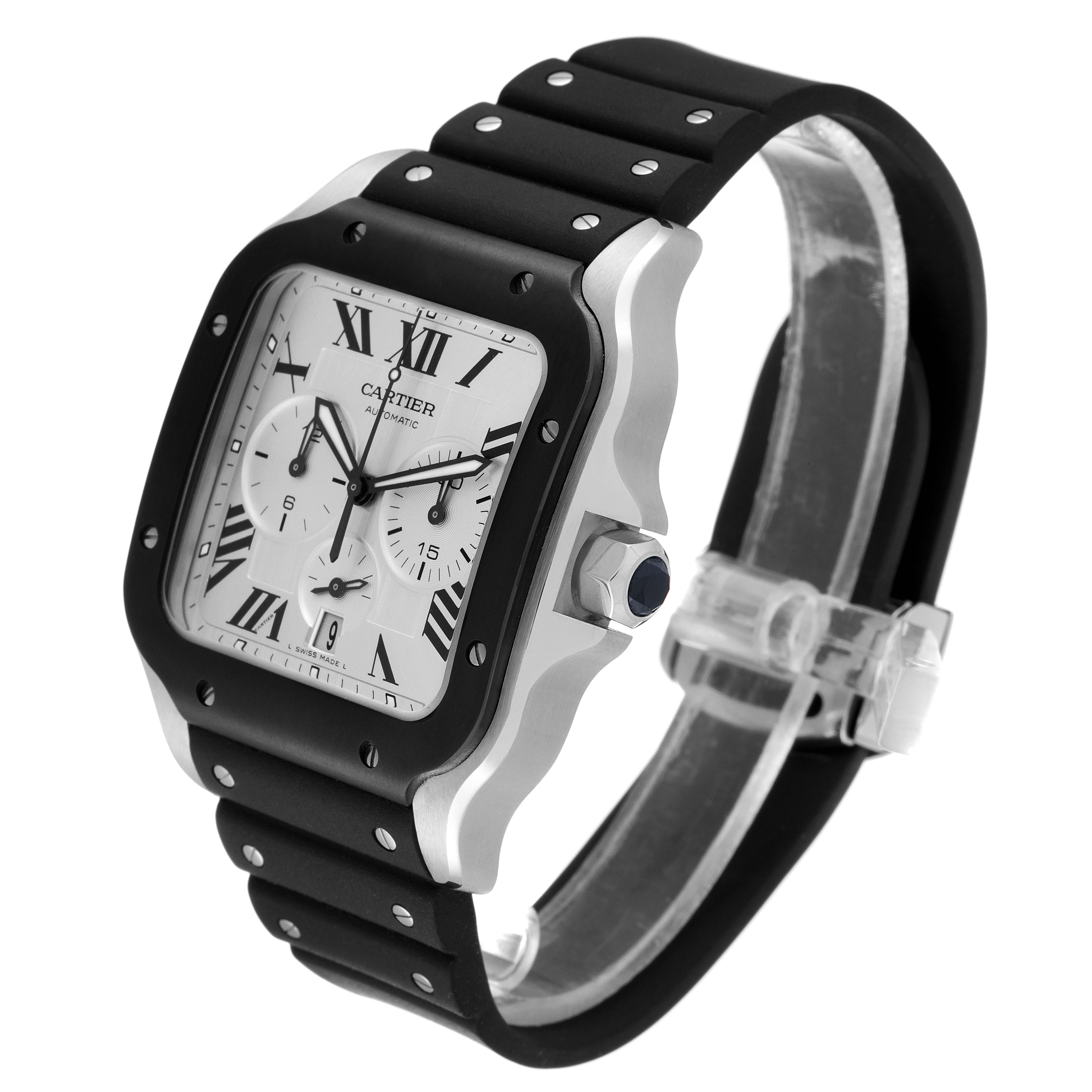 The image shows a Santos model by Cartier, featuring a black rubber strap, square stainless steel case, and white dial with Roman numerals.