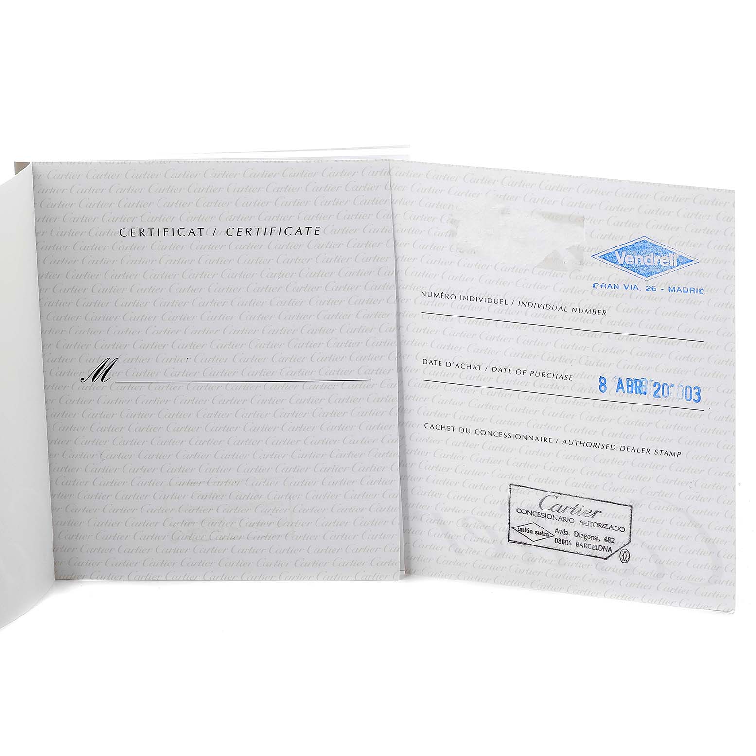 This image displays the certificate of the Santos model by Cartier, showing purchase details and an authorized dealer
s stamp.