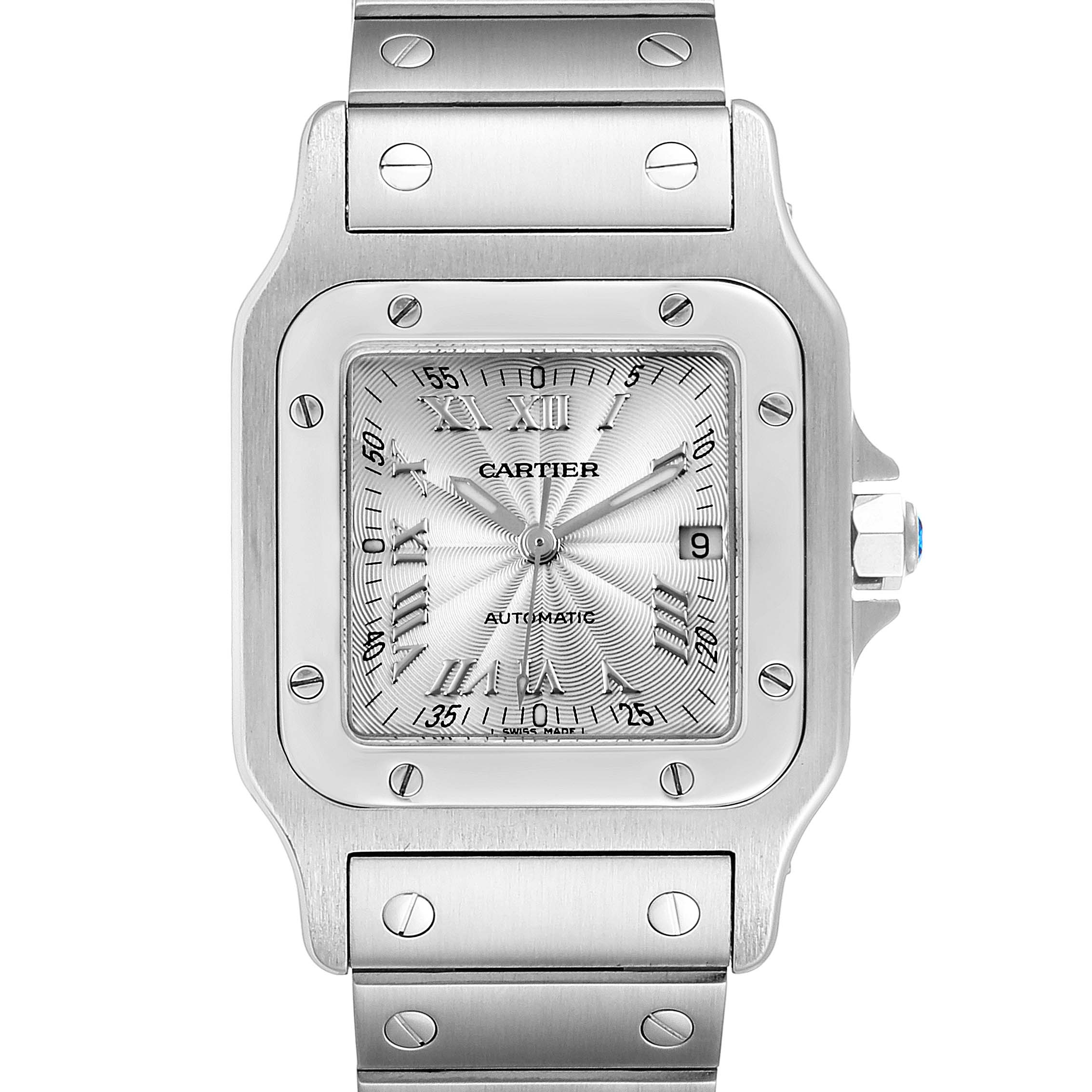 This image shows a front view of a Cartier Santos W20055D6 Men
s Stainless Steel Silver Dial W20055D6 Men
s Stainless Steel Silver Dial watch, showcasing its square face and metal bracelet.