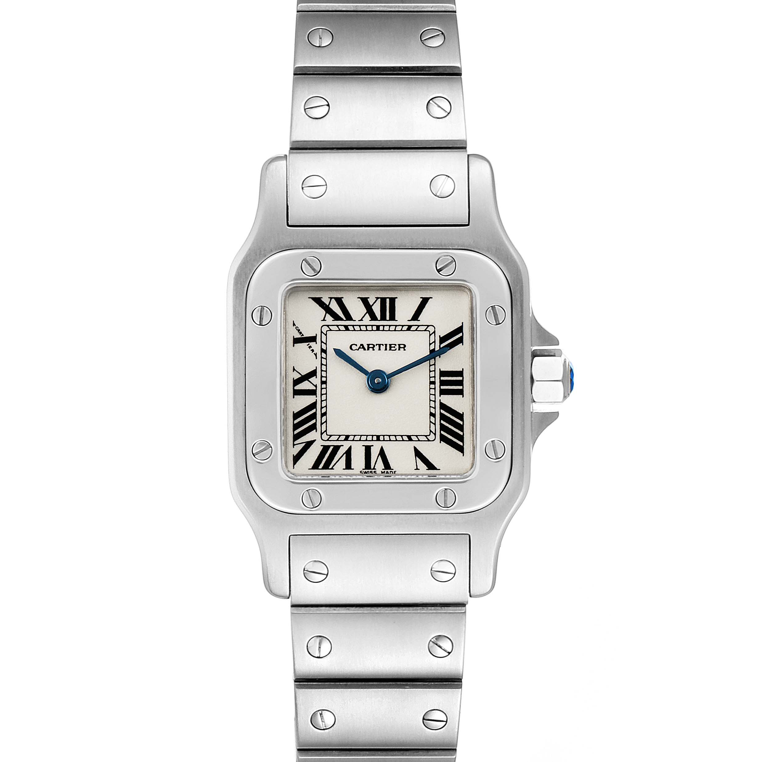 This is a frontal view of the Cartier Santos W20056D6 Women's Stainless Steel Silver Dial W20056D6 Women's Stainless Steel Silver Dial watch, showing its face, bezel, and stainless steel bracelet.
