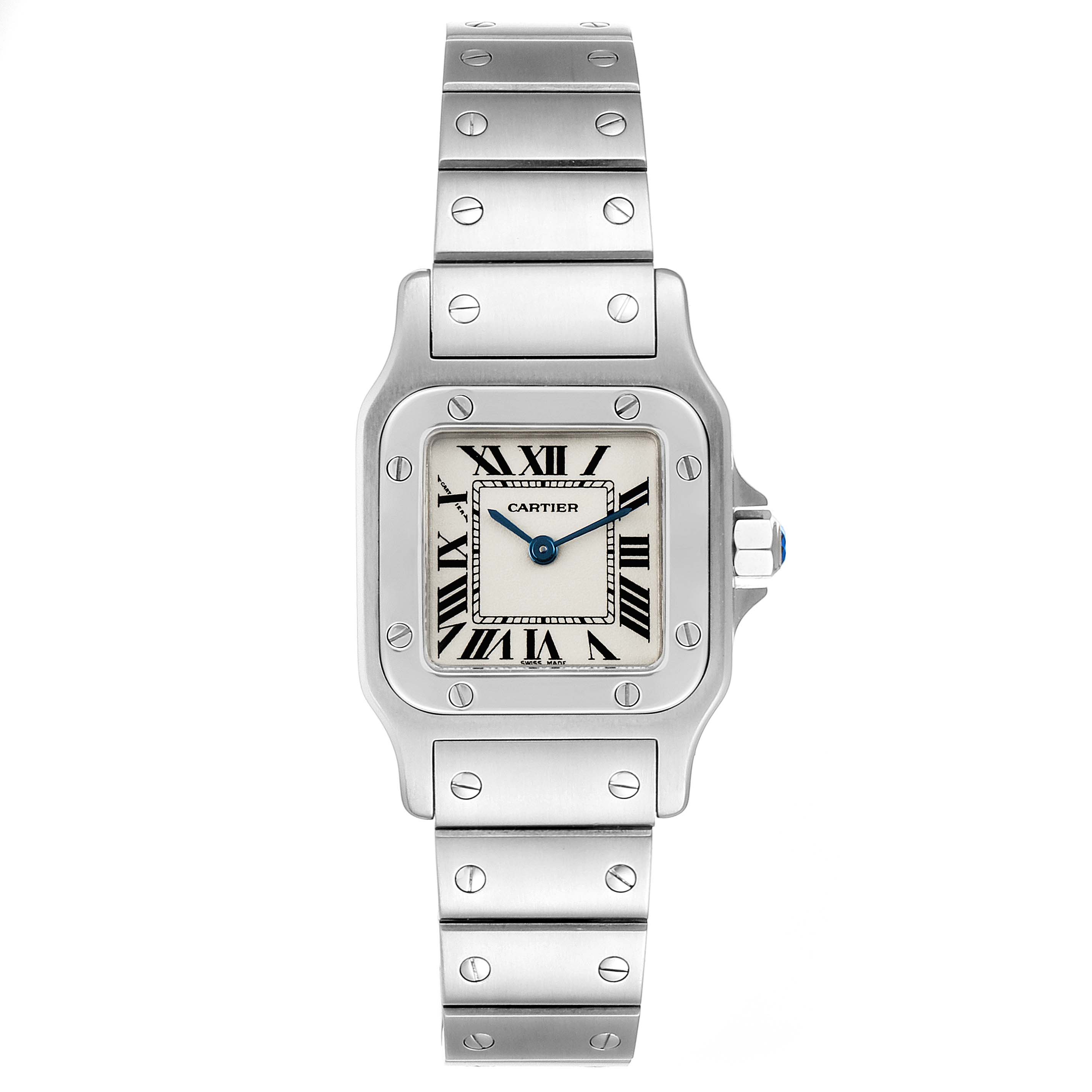 The image shows a front view of a Santos model by Cartier, displaying the bezel, dial, and bracelet.