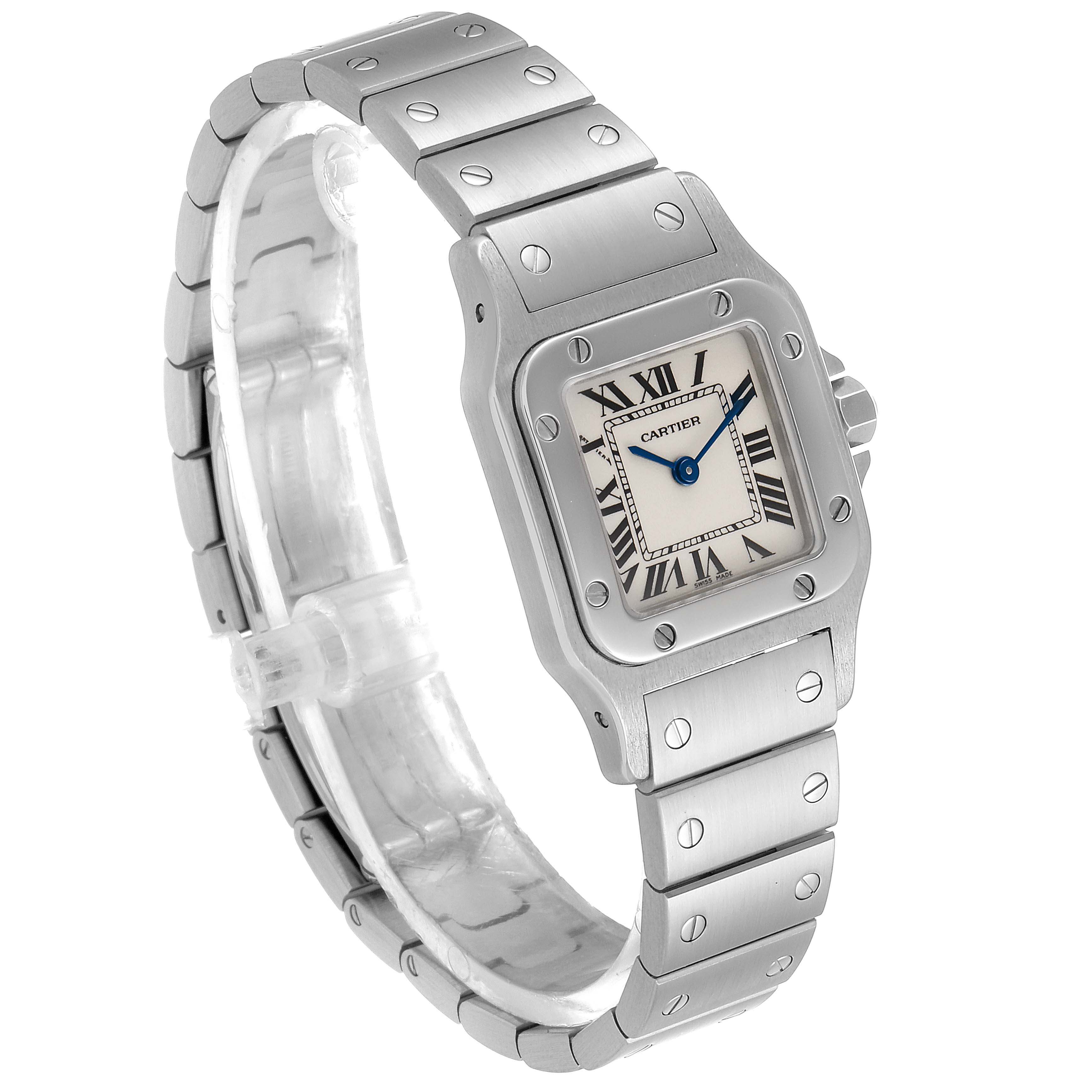 This Cartier Santos W20056D6 Women's Stainless Steel Silver Dial W20056D6 Women's Stainless Steel Silver Dial watch is shown at a front angle, displaying the face, bezel, and metal bracelet.