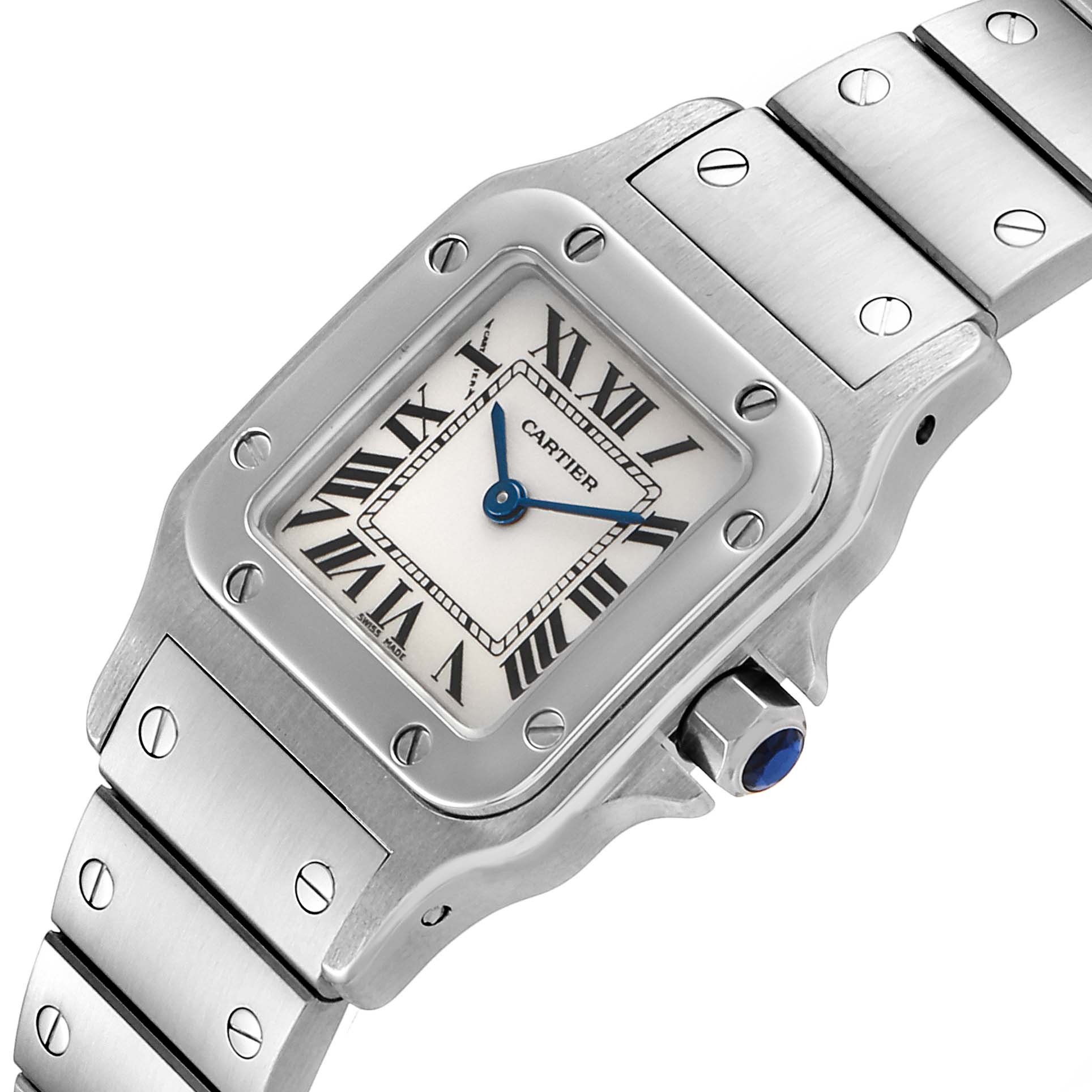 The image shows a close-up of a Cartier Santos W20056D6 Women's Stainless Steel Silver Dial W20056D6 Women's Stainless Steel Silver Dial watch, highlighting the face, bezel, crown, and part of the bracelet.