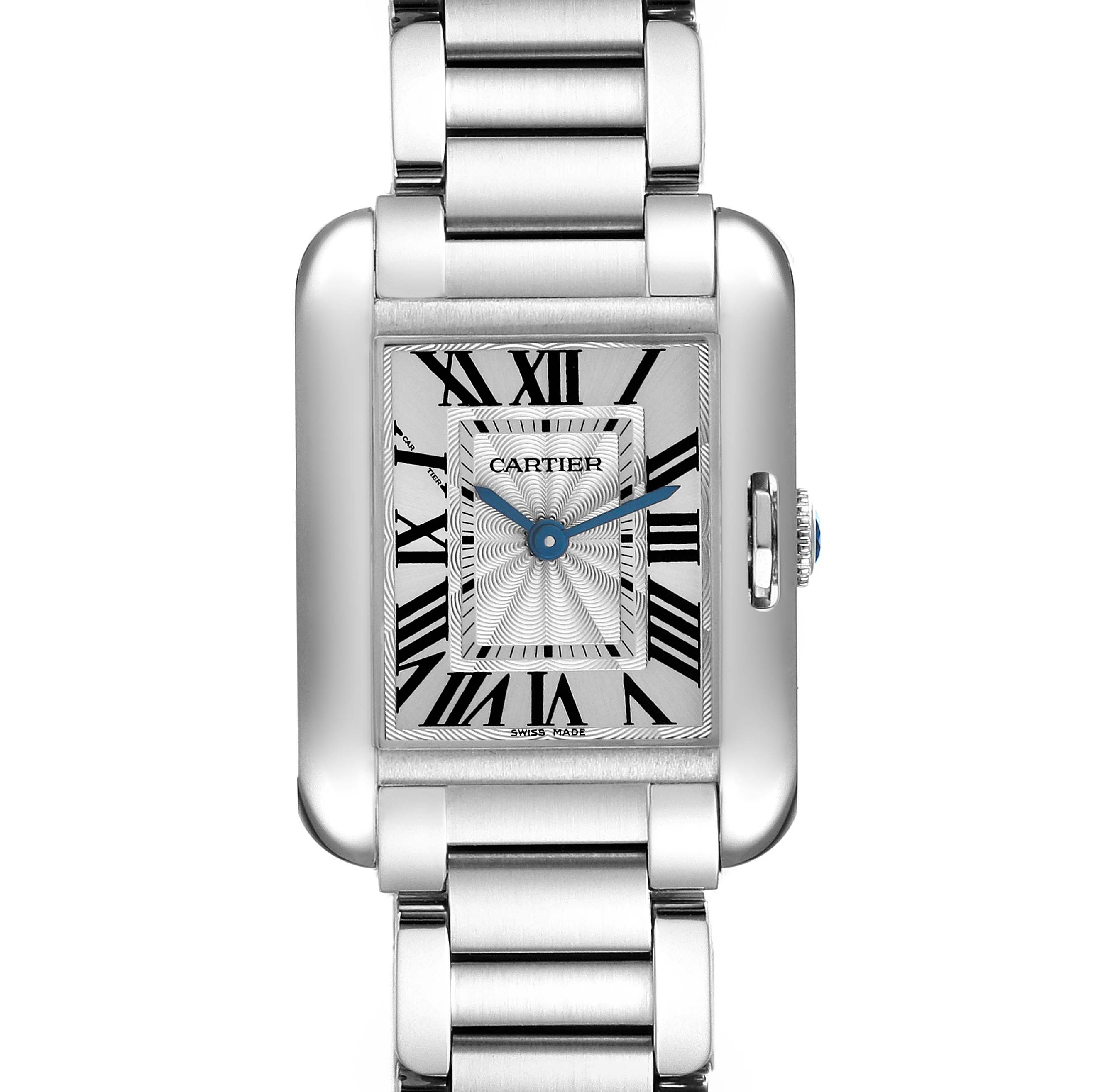 The Cartier Tank Anglaise W5310022 Women's Stainless Steel Silver Dial watch is shown from a front angle, highlighting its rectangular face, Roman numerals, and metal bracelet.