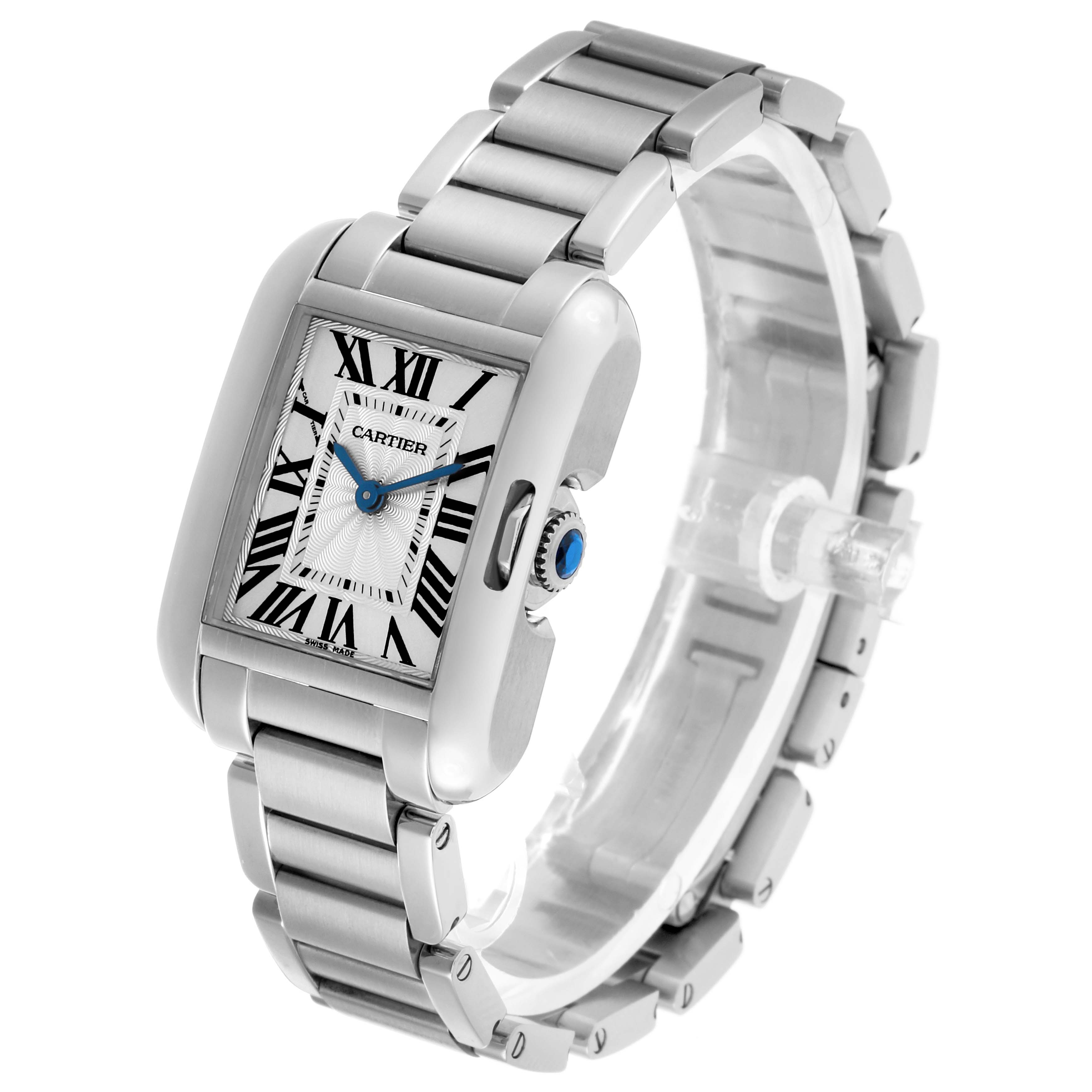 The Cartier Tank Anglaise W5310022 Women's Stainless Steel Silver Dial watch is shown at a three-quarter angle, displaying the face, crown, and stainless steel bracelet.