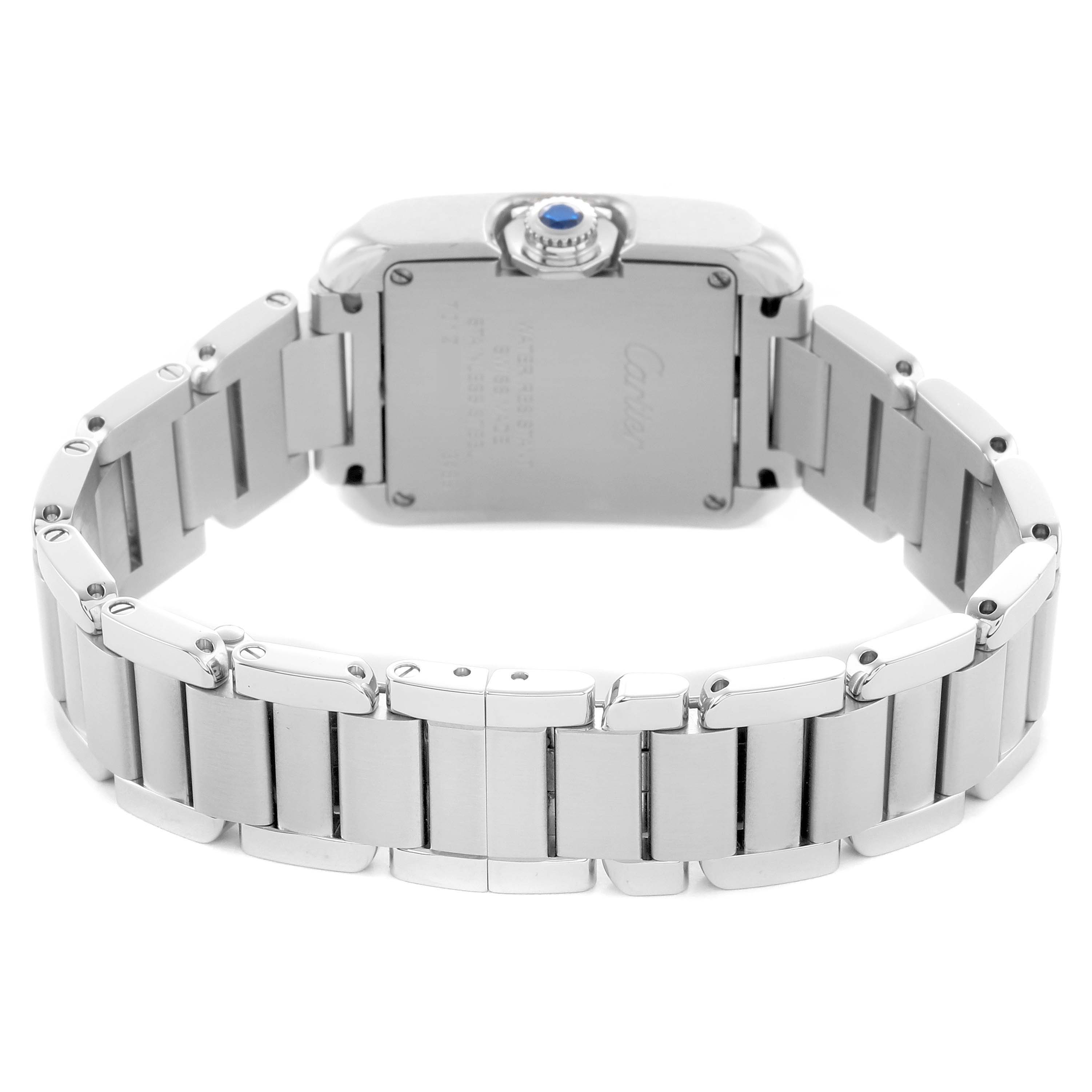 The image shows the back view of the Cartier Tank Anglaise W5310022 Women's Stainless Steel Silver Dial watch, focusing on the stainless steel bracelet and caseback.