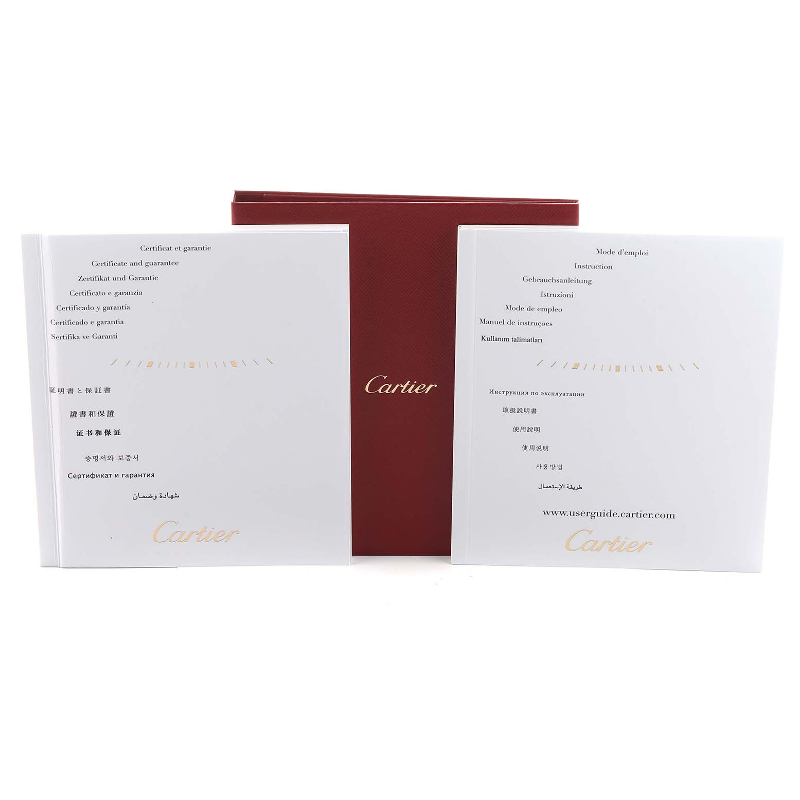 The image shows a Cartier Tank Anglaise W5310022 Women's Stainless Steel Silver Dial box with accompanying manuals, viewed from the front.