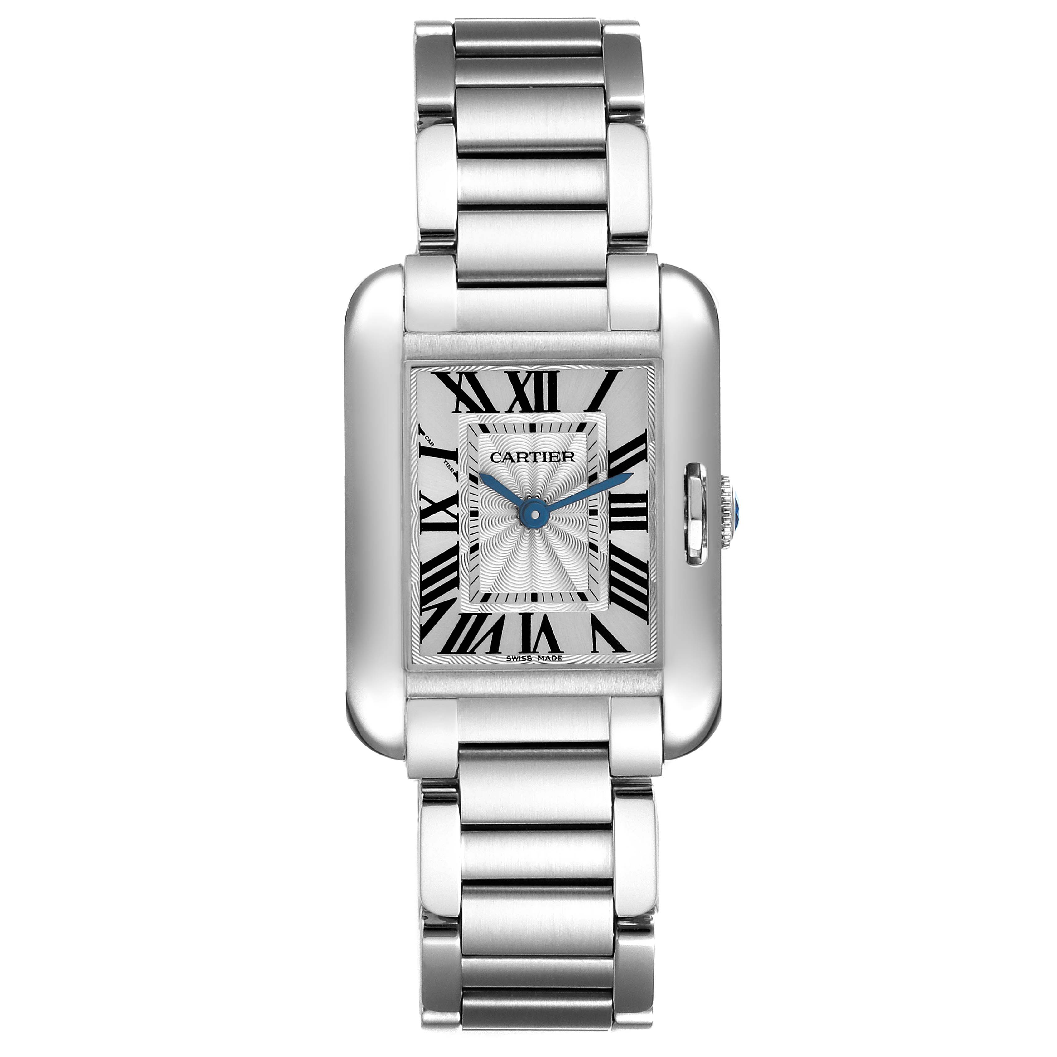 The Cartier Tank Anglaise W5310022 Women's Stainless Steel Silver Dial watch is shown from a top-down angle, displaying the rectangular face, Roman numerals, and metal bracelet.