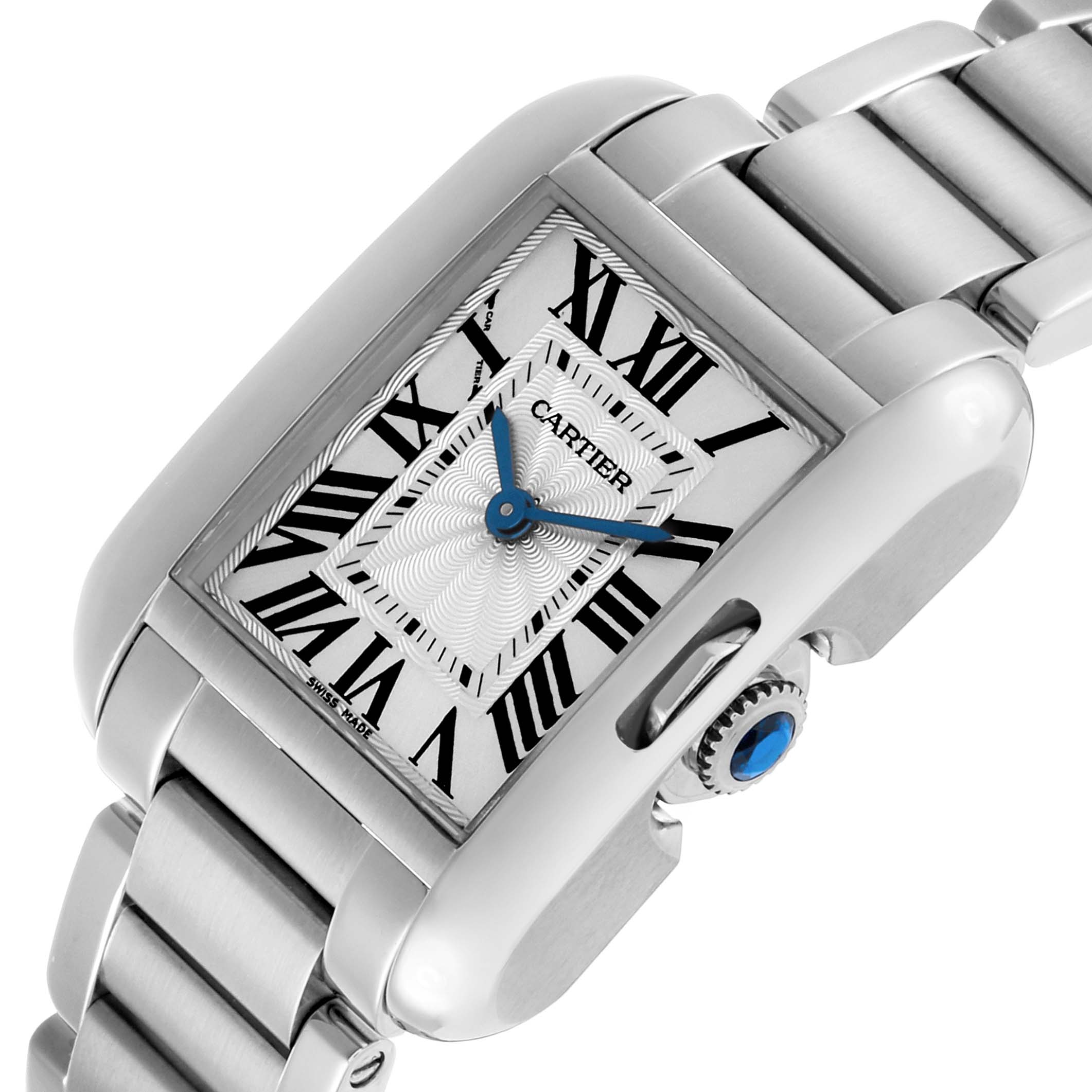 The Cartier Tank Anglaise W5310022 Women's Stainless Steel Silver Dial watch is shown at a diagonal angle, highlighting its rectangular face, crown, and metal bracelet.