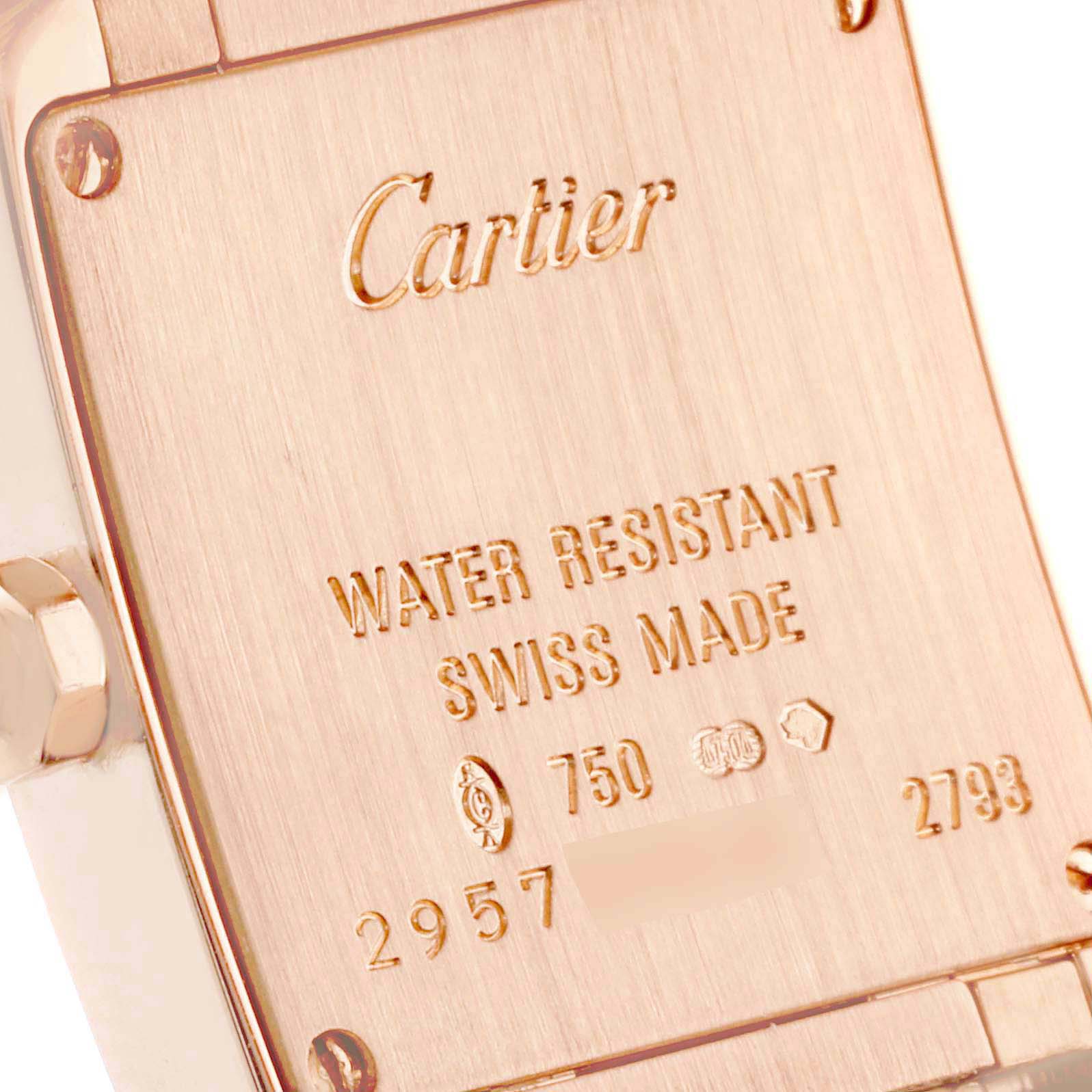 The image shows the back of the Cartier Tank Francaise W500264H Women's Rose Gold Silver Dial W500264H Women's Rose Gold Silver Dial watch, highlighting its engravings and details like "Swiss Made" and "Water Resistant."