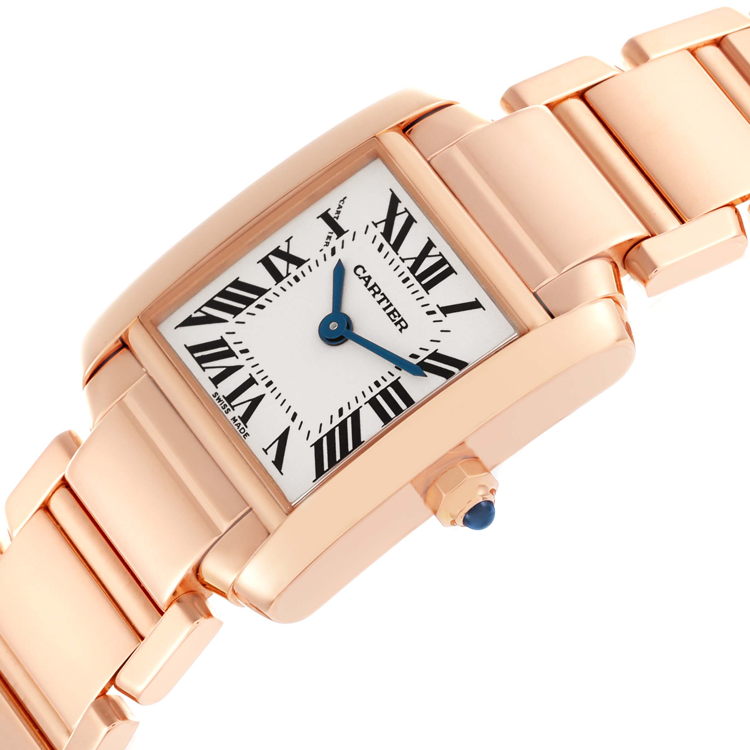 The Cartier Tank Francaise W500264H Women's Rose Gold Silver Dial W500264H Women's Rose Gold Silver Dial watch is shown at an angled close-up, highlighting its rectangular case, bracelet, and blue hands.