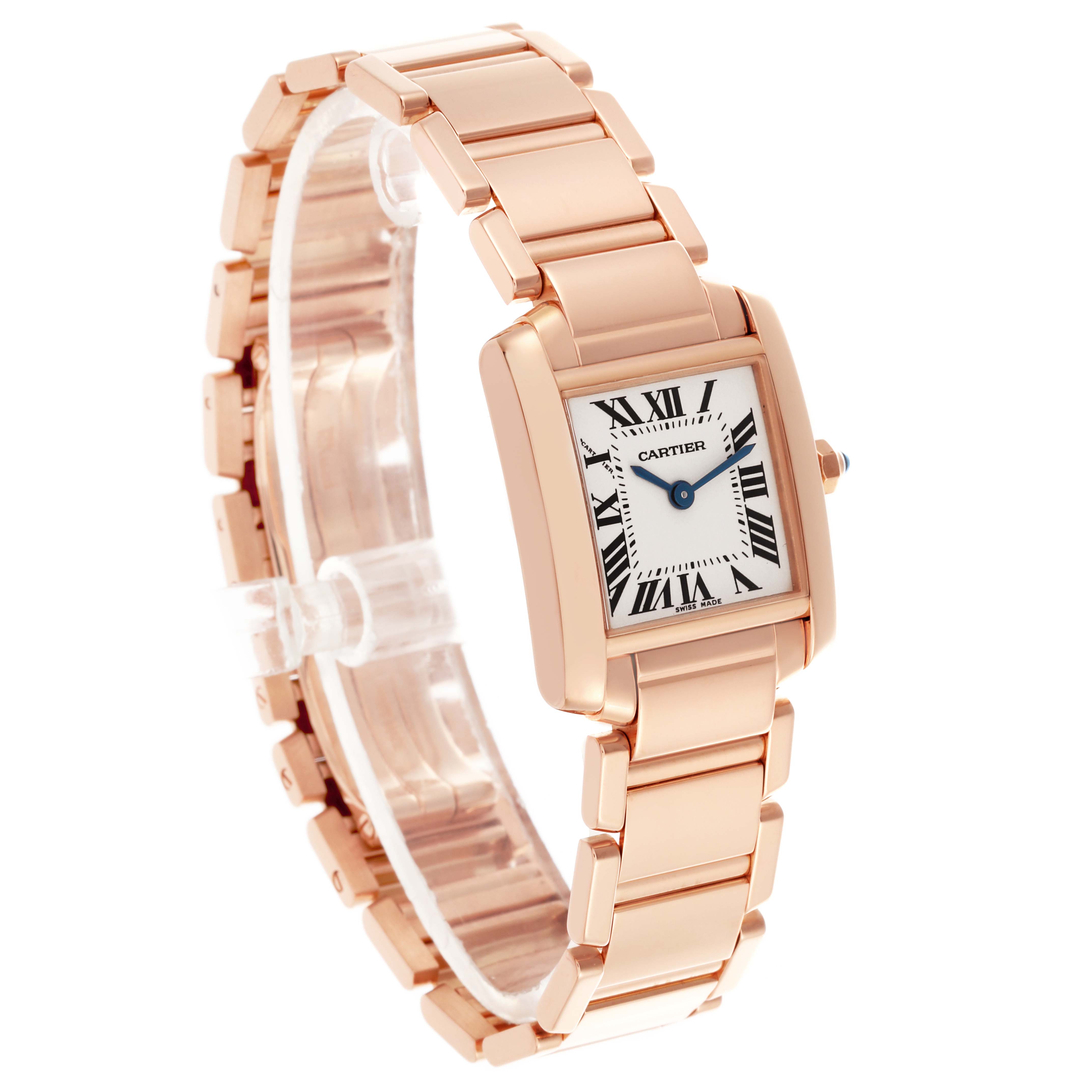 The Cartier Tank Française watch is shown at a three-quarter angle, highlighting the bracelet and rectangular face.