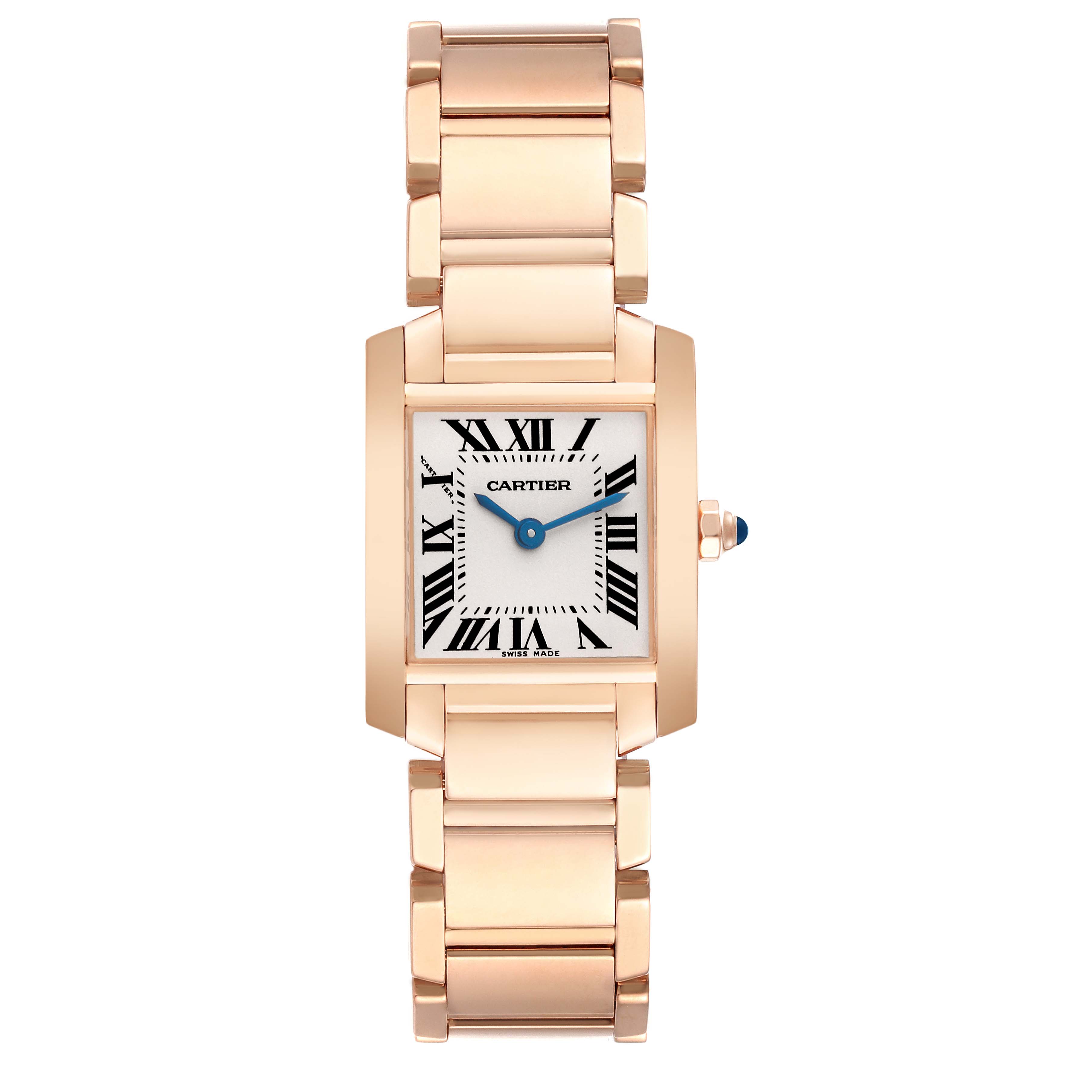 The Cartier Tank Francaise W500264H Women's Rose Gold Silver Dial W500264H Women's Rose Gold Silver Dial watch is shown from a top-down angle, displaying its rectangular face, Roman numerals, and metal bracelet.