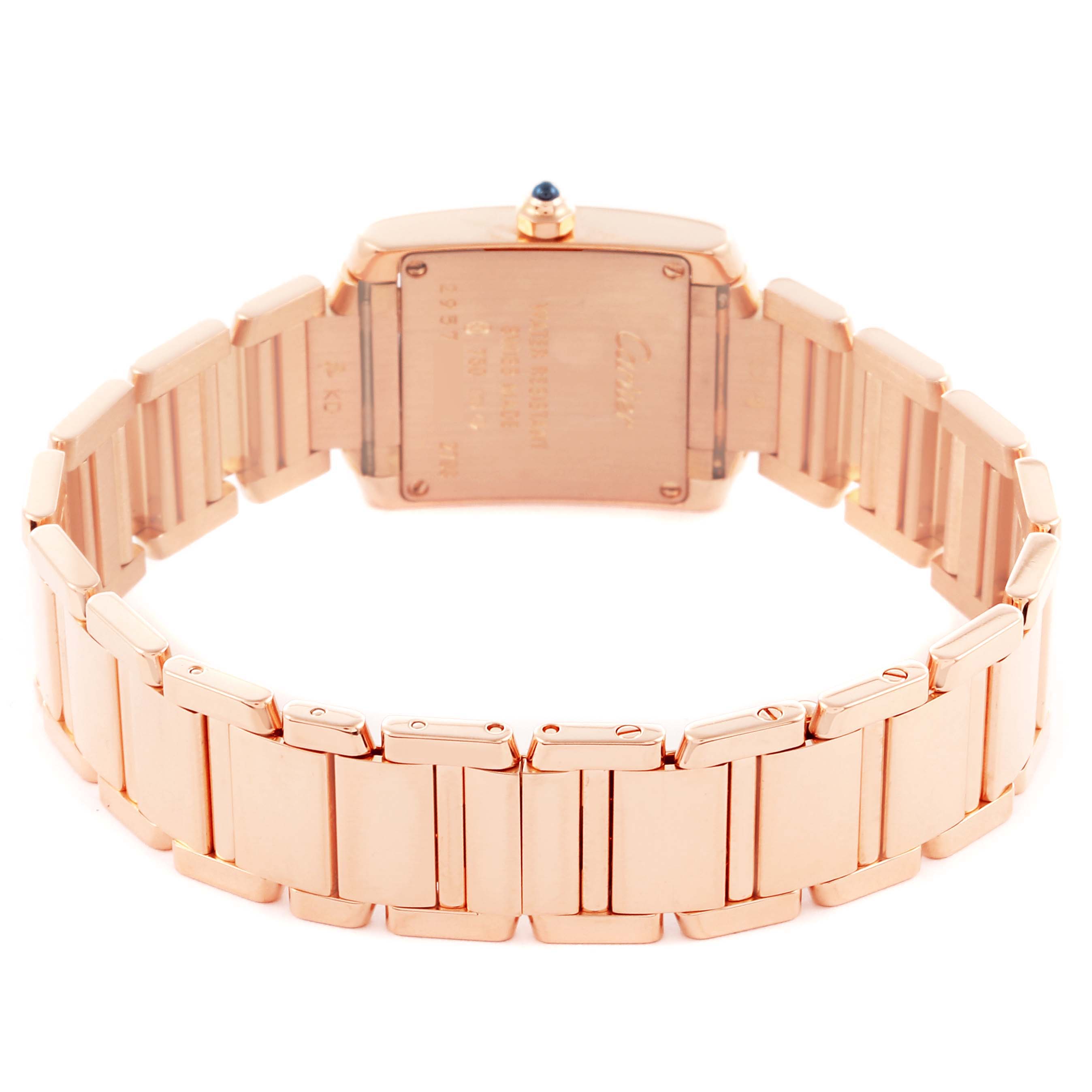 The image shows the back and bracelet of a Cartier Tank Francaise W500264H Women's Rose Gold Silver Dial W500264H Women's Rose Gold Silver Dial watch, highlighting the clasp and link design.