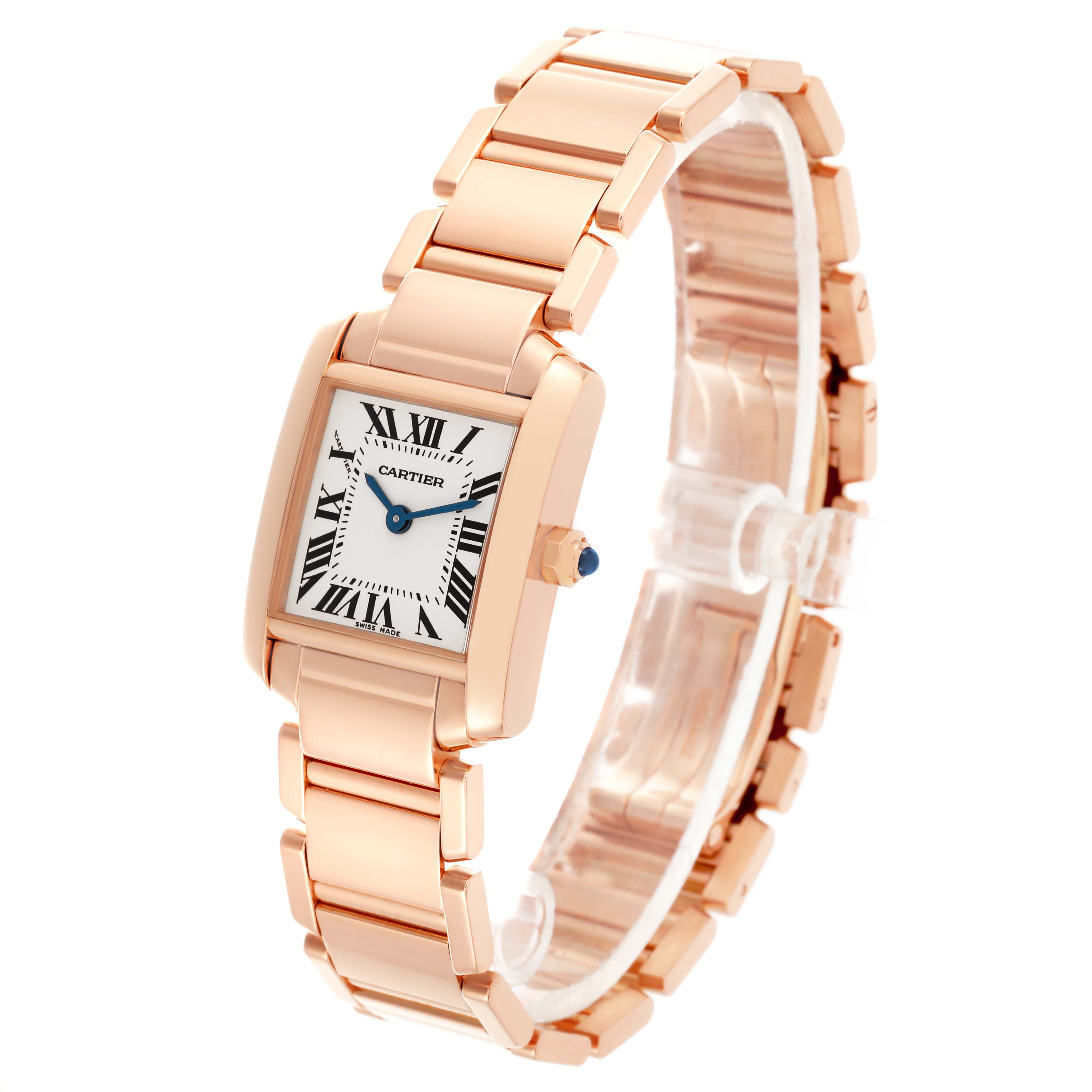 The Cartier Tank Francaise W500264H Women's Rose Gold Silver Dial W500264H Women's Rose Gold Silver Dial watch is shown at a three-quarter angle, displaying the face, case, and bracelet links.
