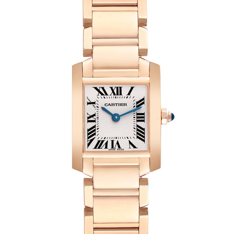 The Cartier Tank Francaise watch is shown from the front, displaying its square face, Roman numerals, and metal bracelet.