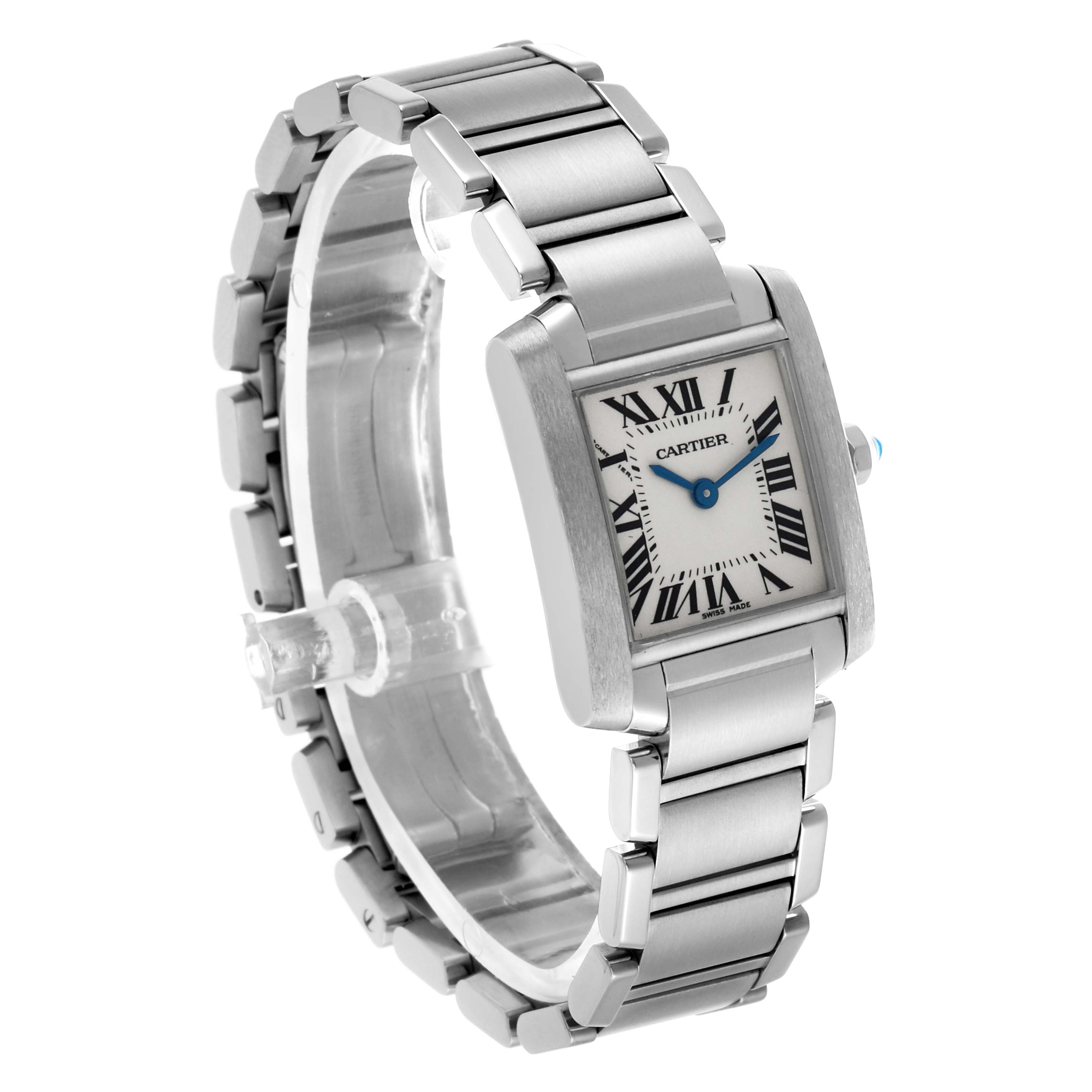 The Cartier Tank Française watch is shown at a three-quarter angle, highlighting the rectangular case, bracelet, and crown.