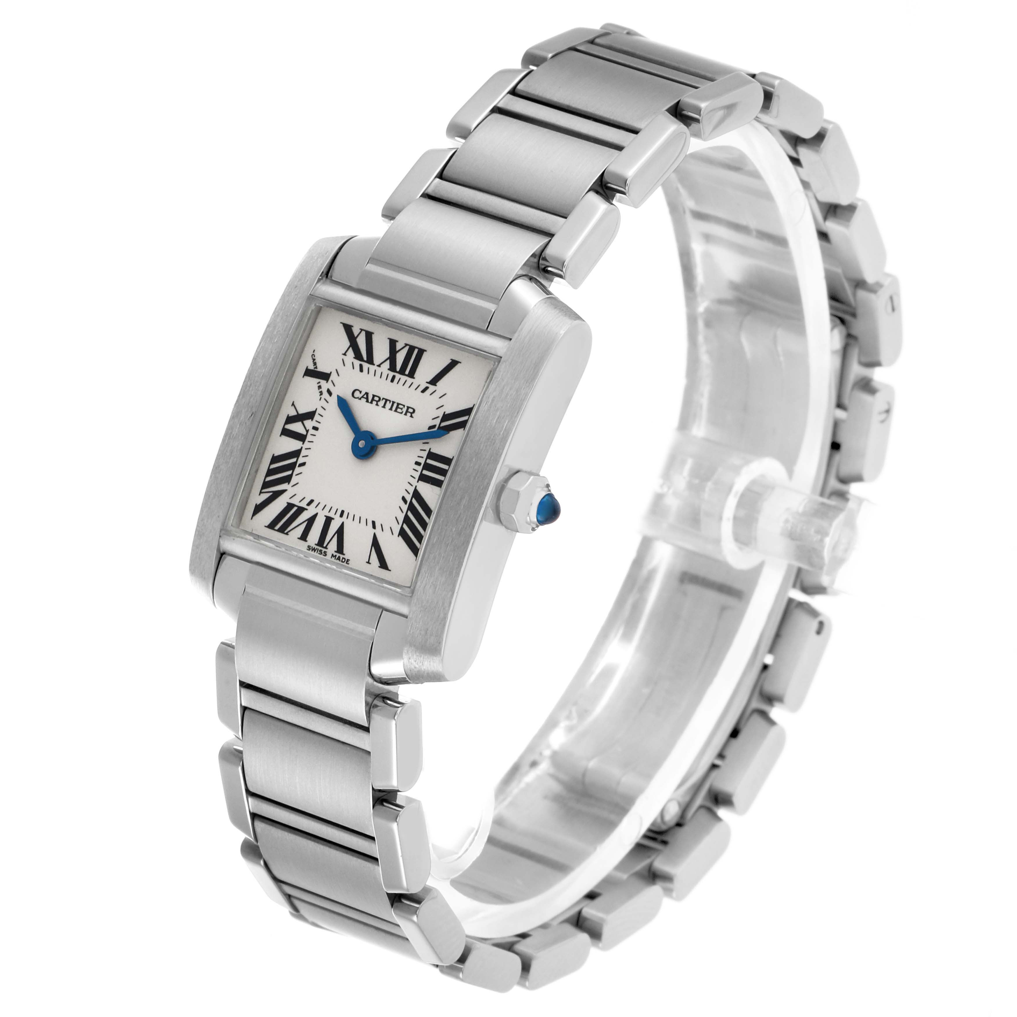 The Cartier Tank Française watch is shown at a three-quarter angle, highlighting the face, Roman numerals, and metal bracelet.