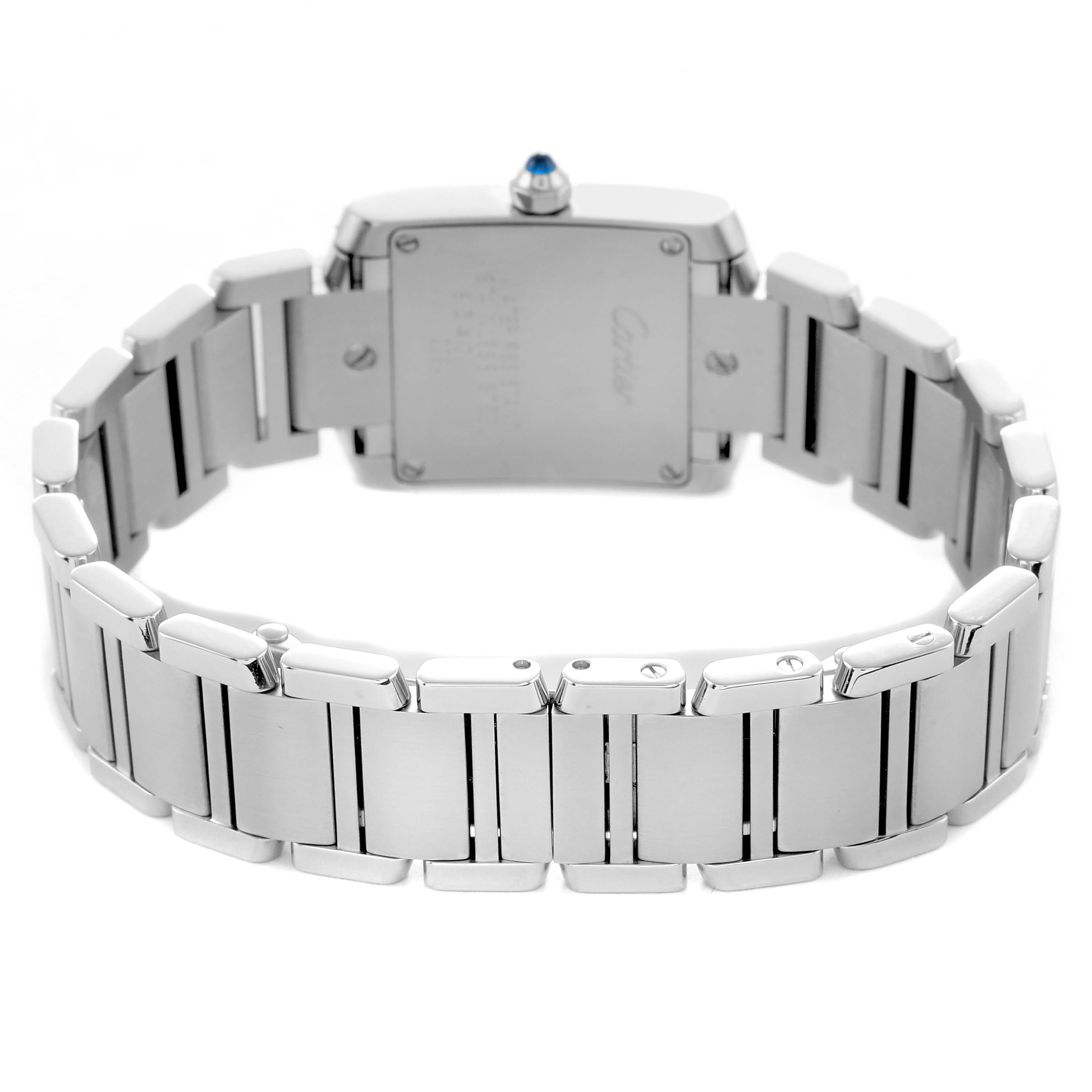 The Cartier Tank Francaise W51008Q3 Women's Stainless Steel Silver Dial watch is shown from the back, highlighting the clasp and bracelet links.