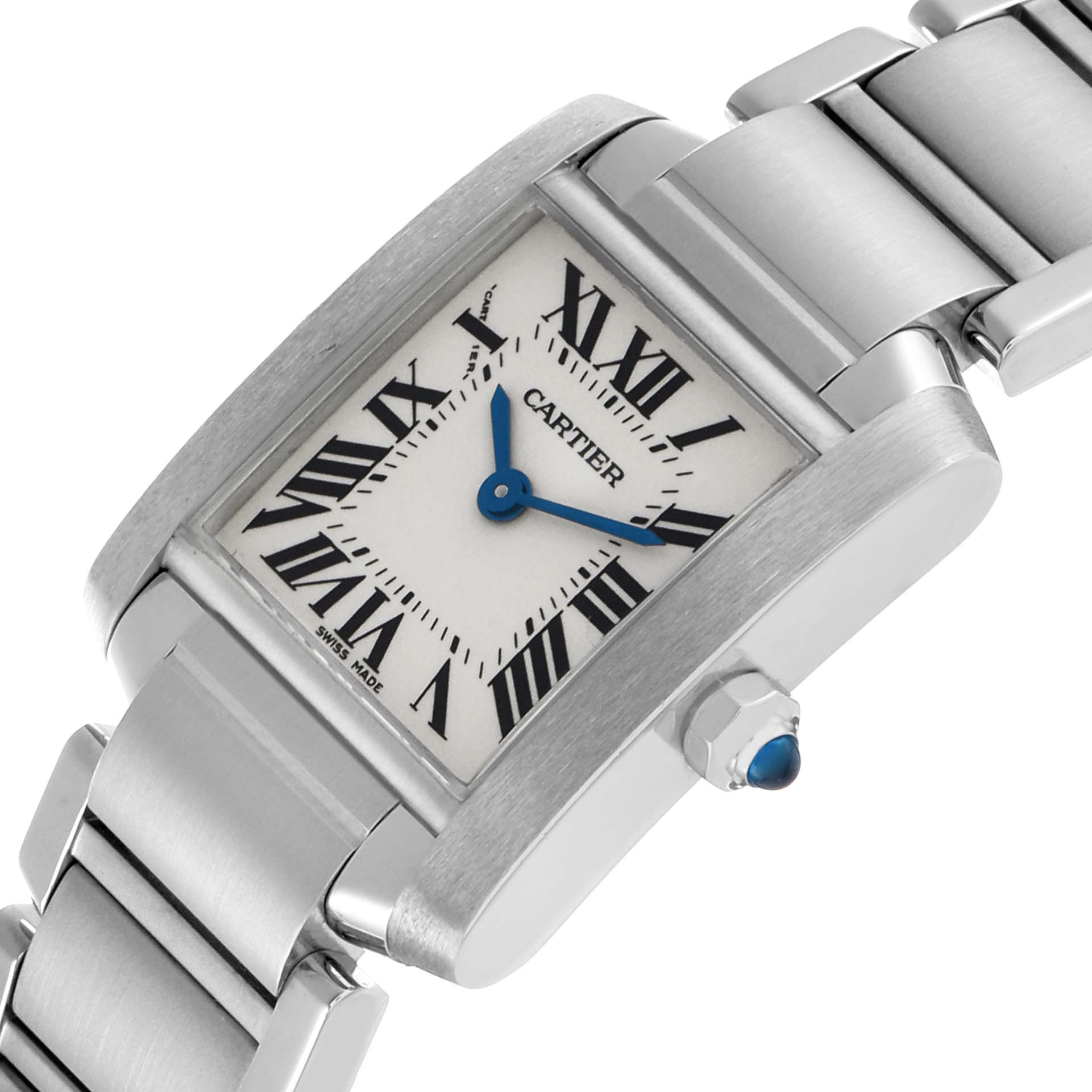 The Cartier Tank Française watch is shown at an angle highlighting the face, crown with blue cabochon, and part of the stainless steel bracelet.