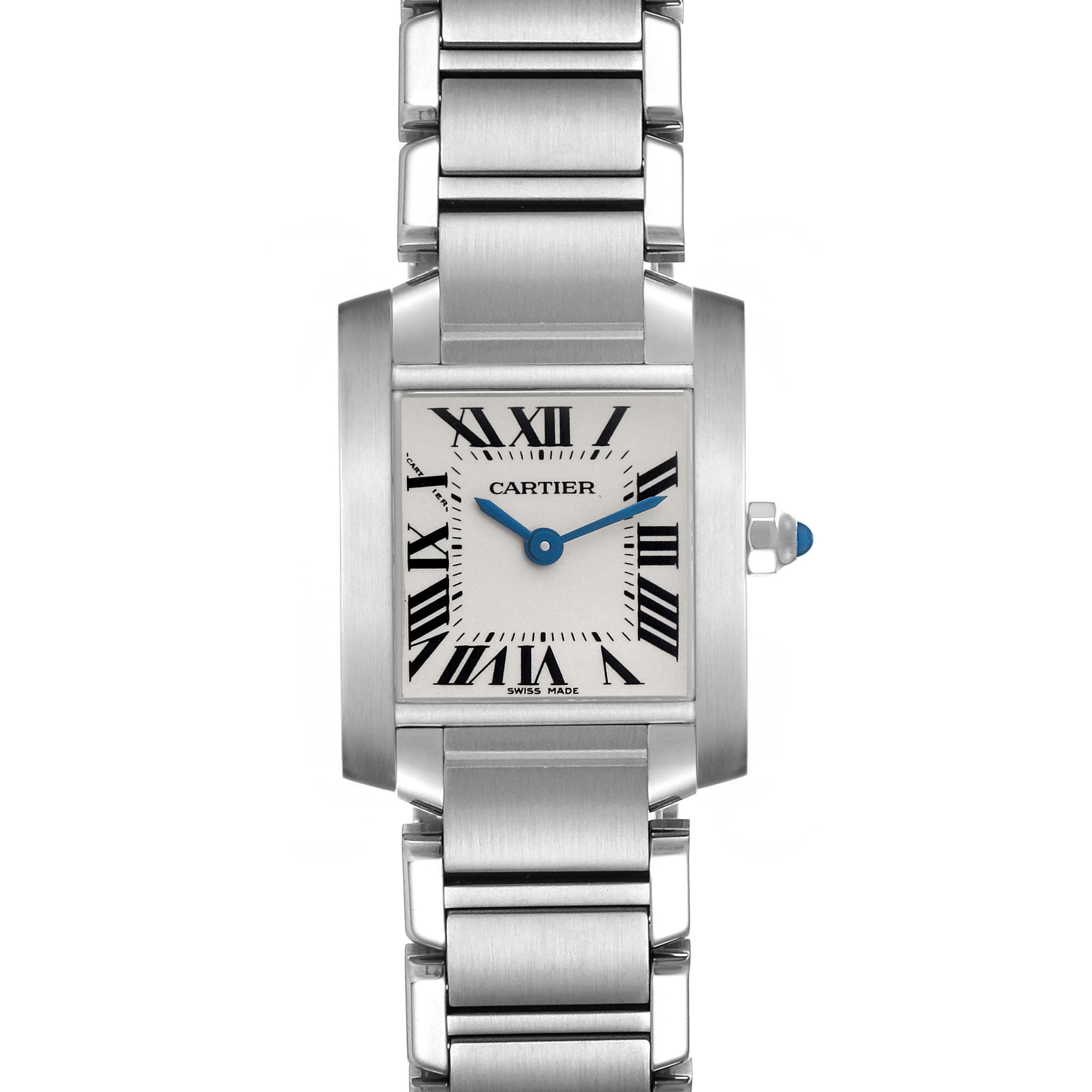 The Cartier Tank Française watch is shown from a front angle, highlighting its rectangular face, Roman numerals, and metal bracelet.