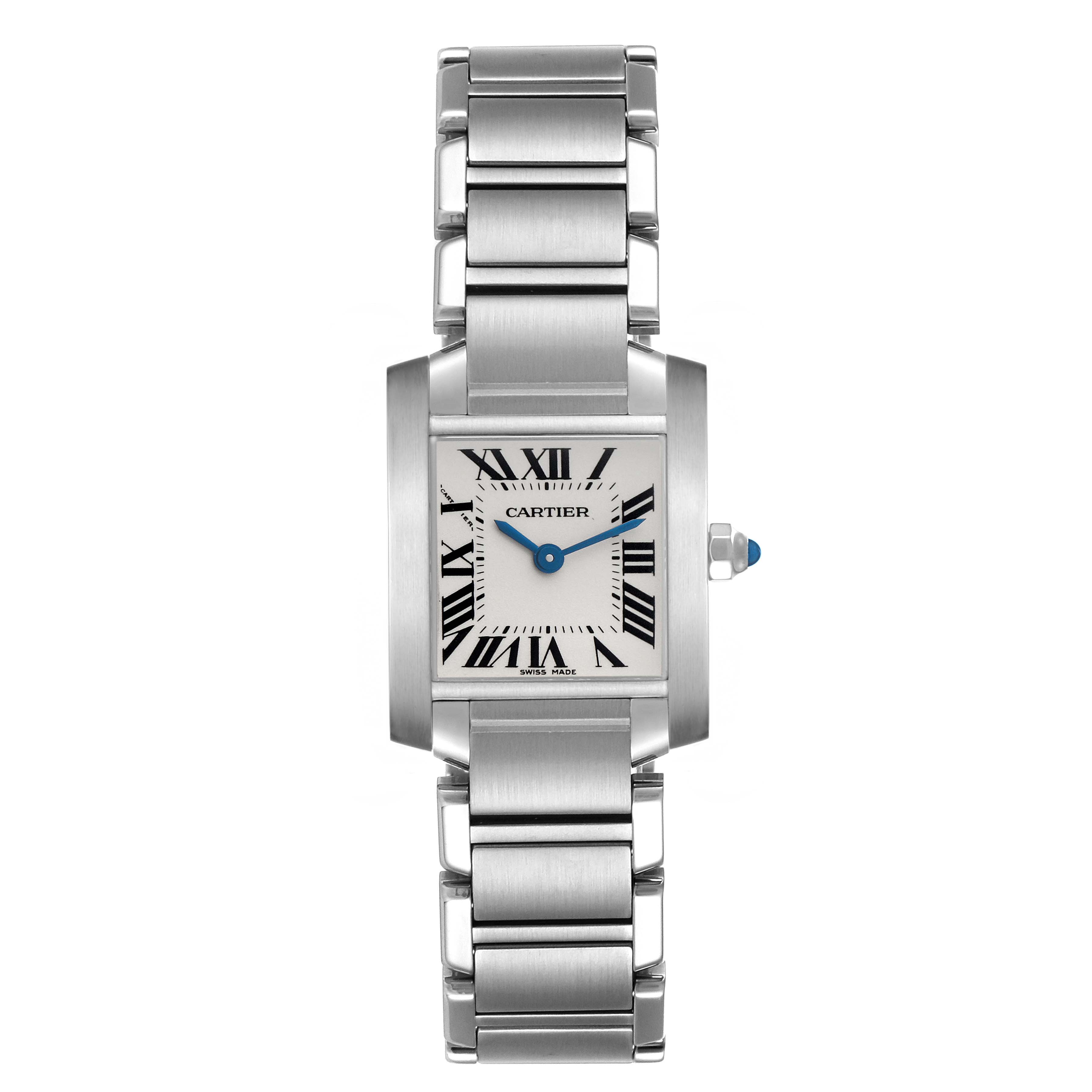 The Cartier Tank Francaise W51008Q3 Women's Stainless Steel Silver Dial watch is shown from a top-down angle, highlighting its rectangular face and stainless steel bracelet.