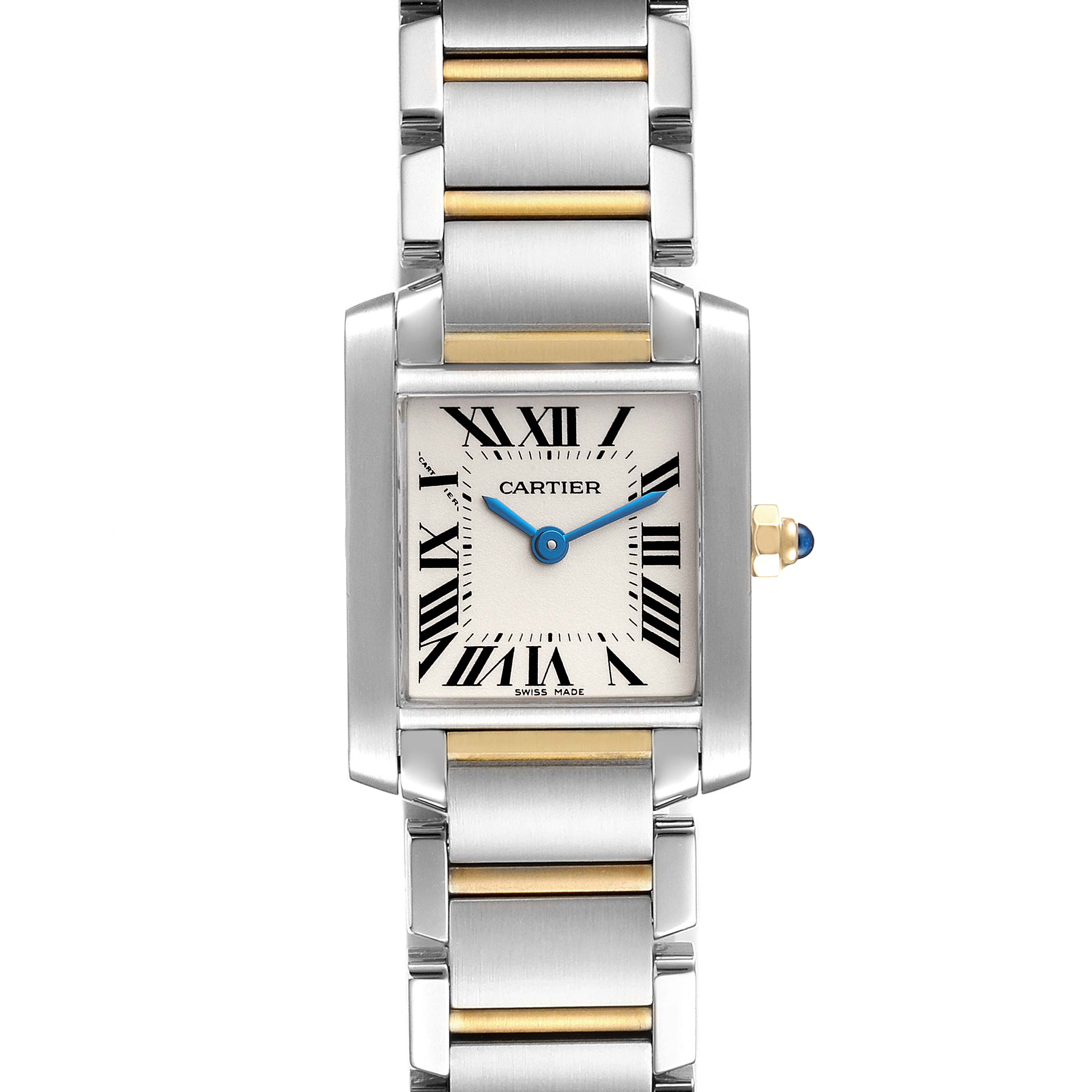 The image shows a frontal view of a Cartier Tank Française watch, displaying its rectangular face, bracelet, and signature blue hands.