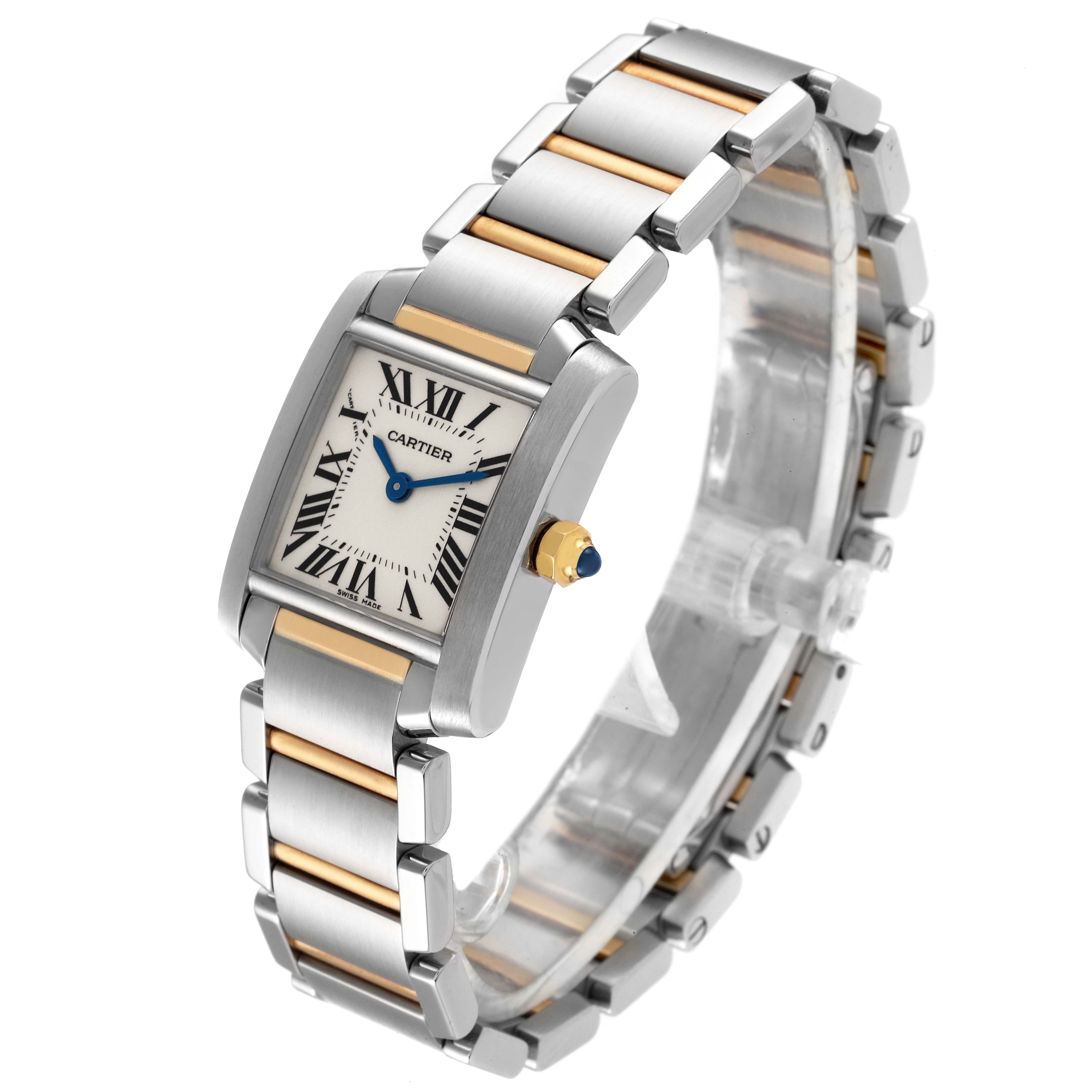 This image shows a Cartier Tank Francaise W51007Q4 Women's Steel and Gold (two tone) Silver Dial W51007Q4 Women's Steel and Gold (two tone) Silver Dial watch featuring its face, bracelet, and crown on a white background.