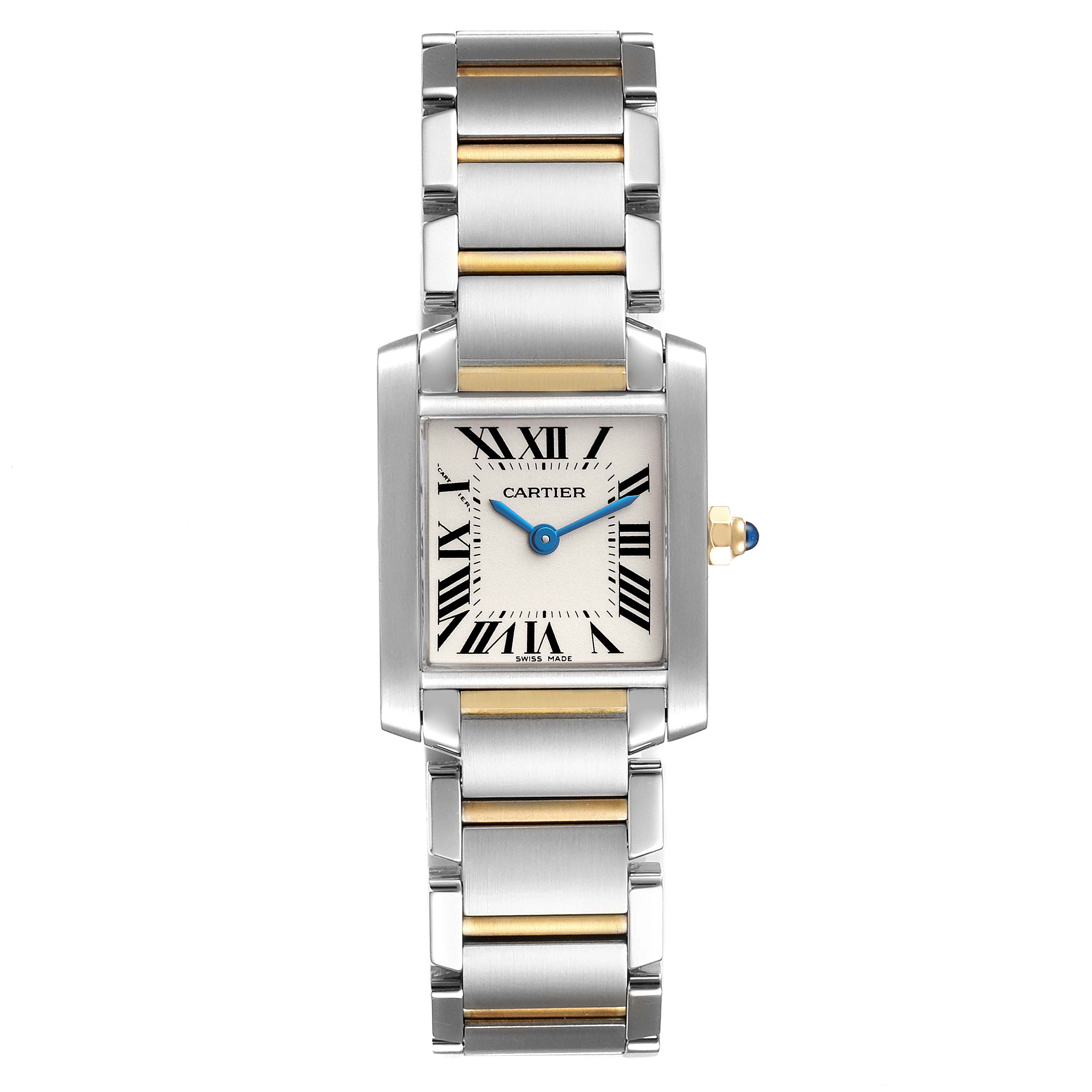 This image shows a Cartier Tank Française watch from the front, highlighting its square face, Roman numerals, and metal bracelet.