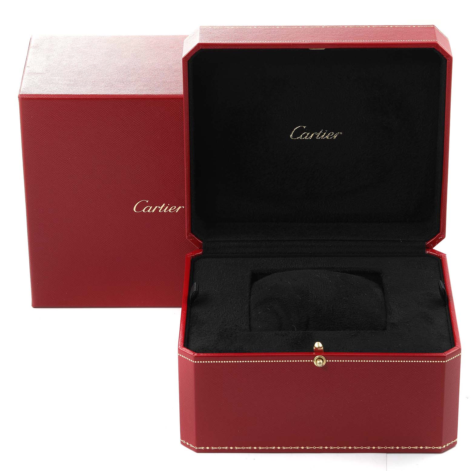The image shows a red Cartier watch box with an open lid, revealing the interior cushion for the Tank Francaise model.
