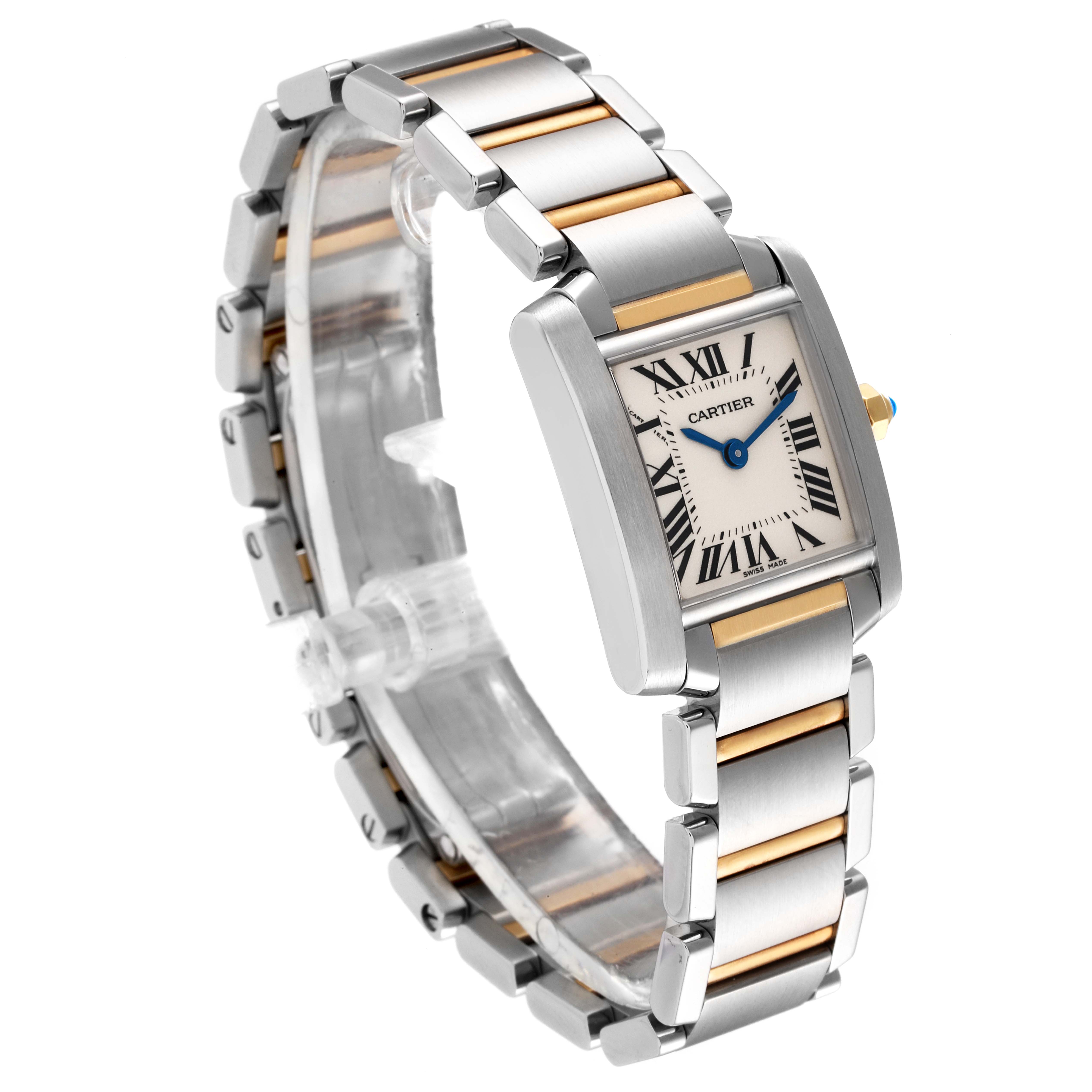 The image shows a Cartier Tank Française watch at a slight angle, highlighting its square face, metal bracelet with gold links, and side view.