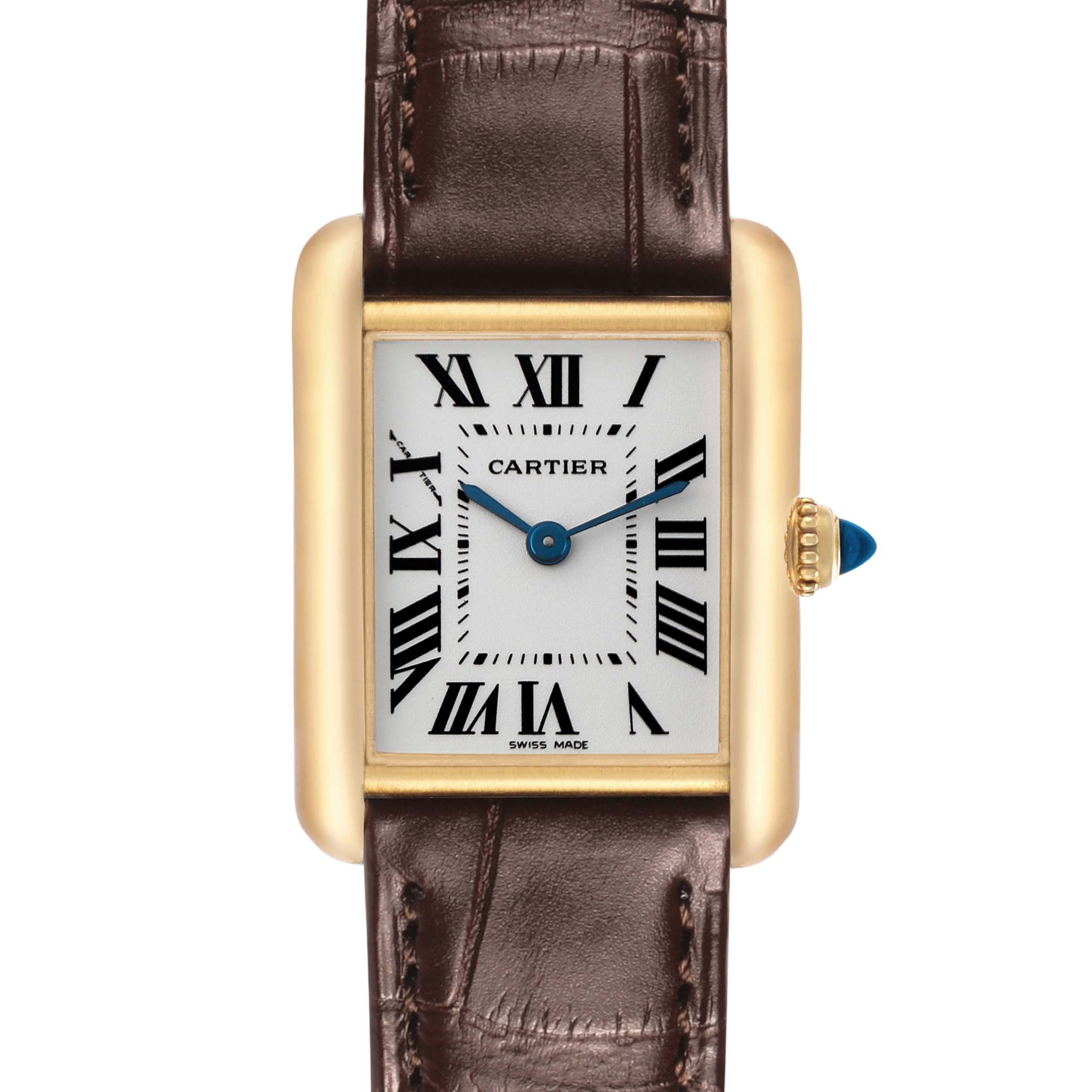 The Cartier Tank Louis W1529856 Women's Yellow Gold Silver Dial watch is shown from a front angle, displaying the dial, case, and part of the brown leather strap.